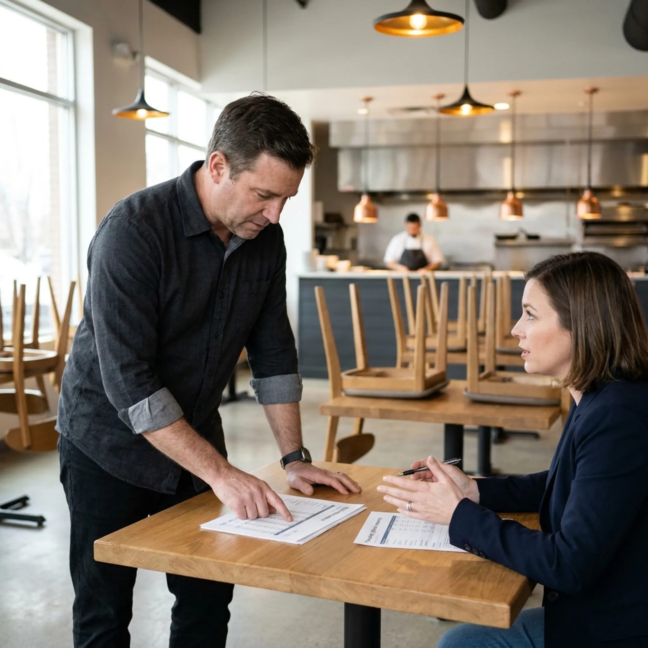 Restaurant operator reviewing cash flow and financing options