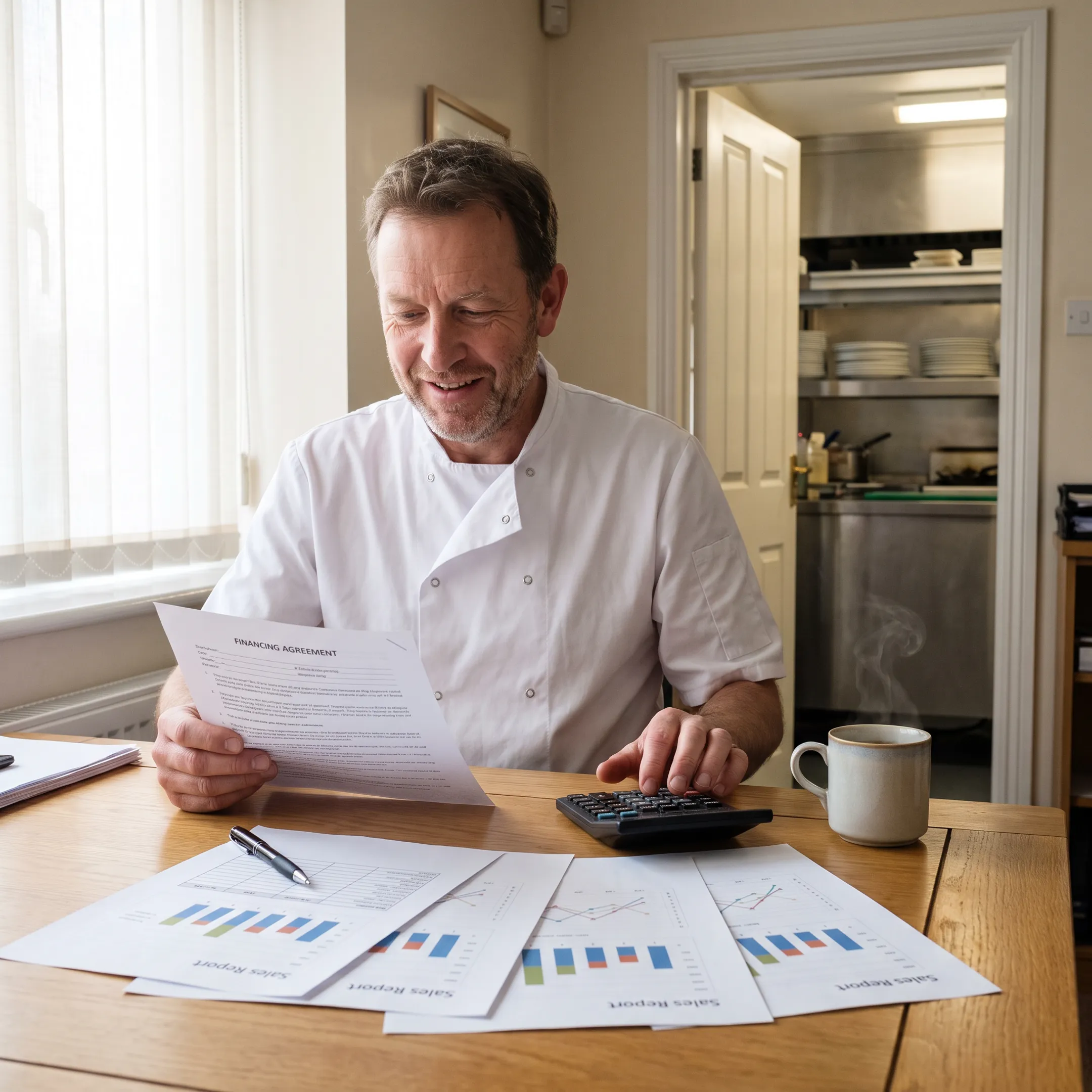 Restaurant owner reviewing business financing documents at a table