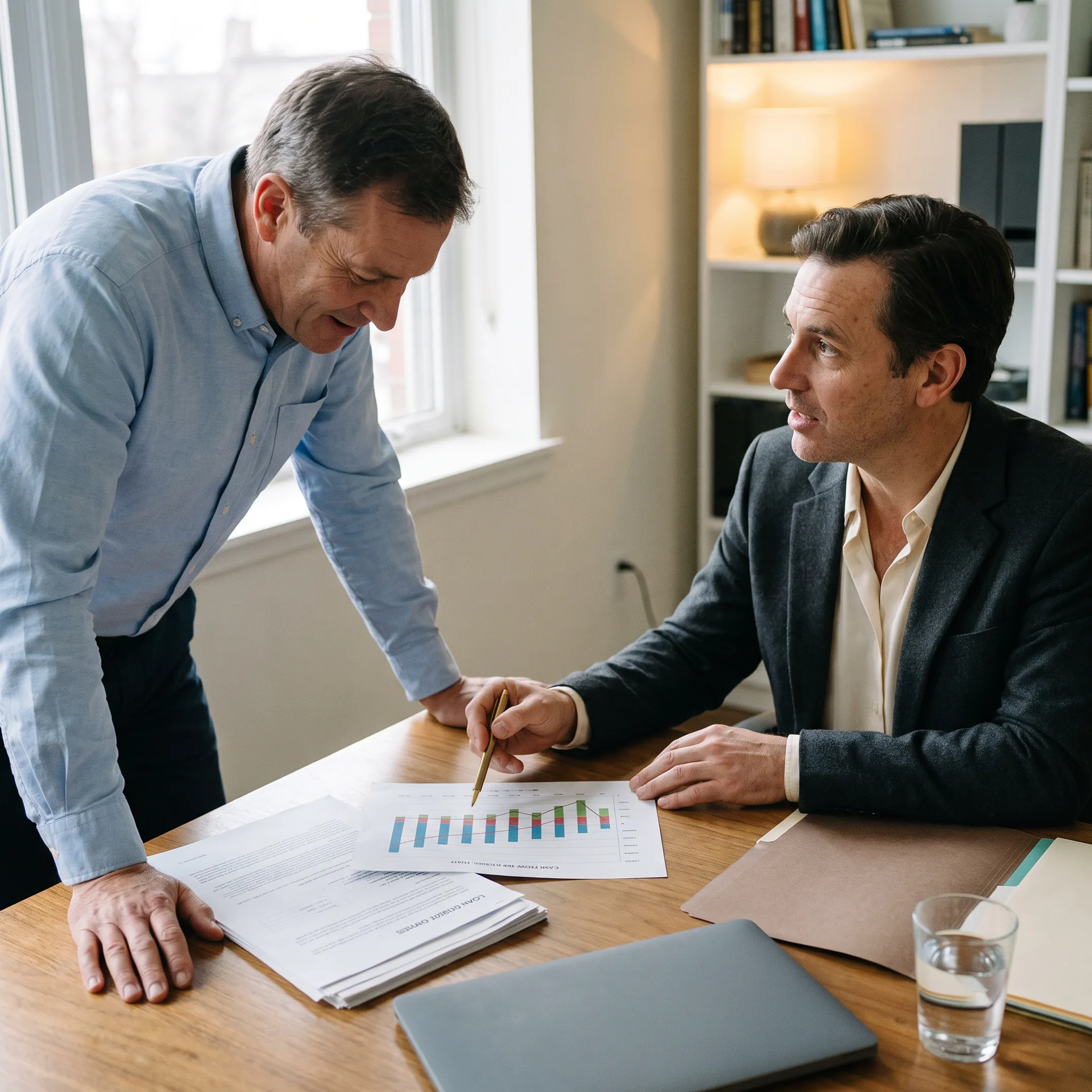 Business owner reviewing financing documents with an advisor