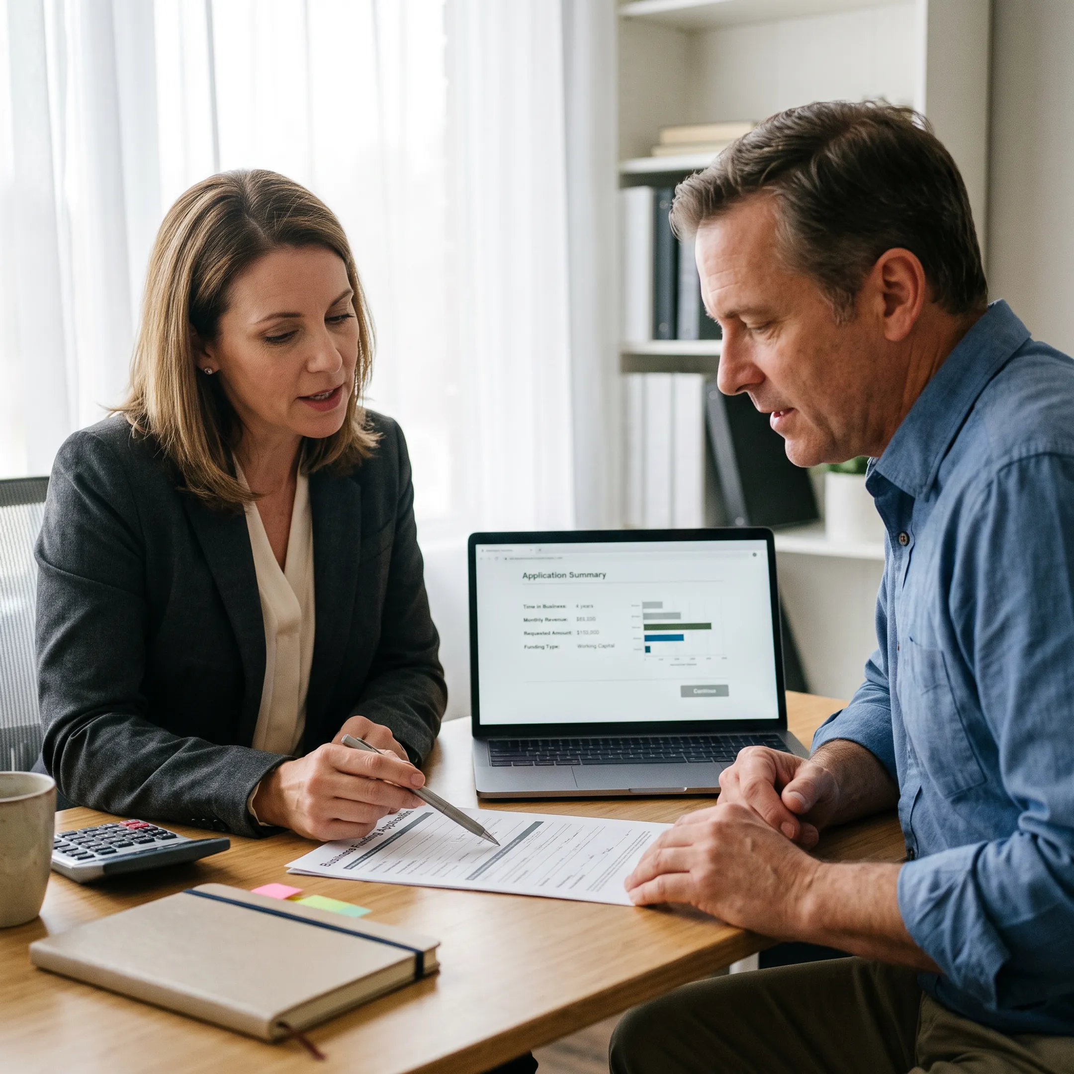 Small business owner reviewing financing options with an advisor at a desk