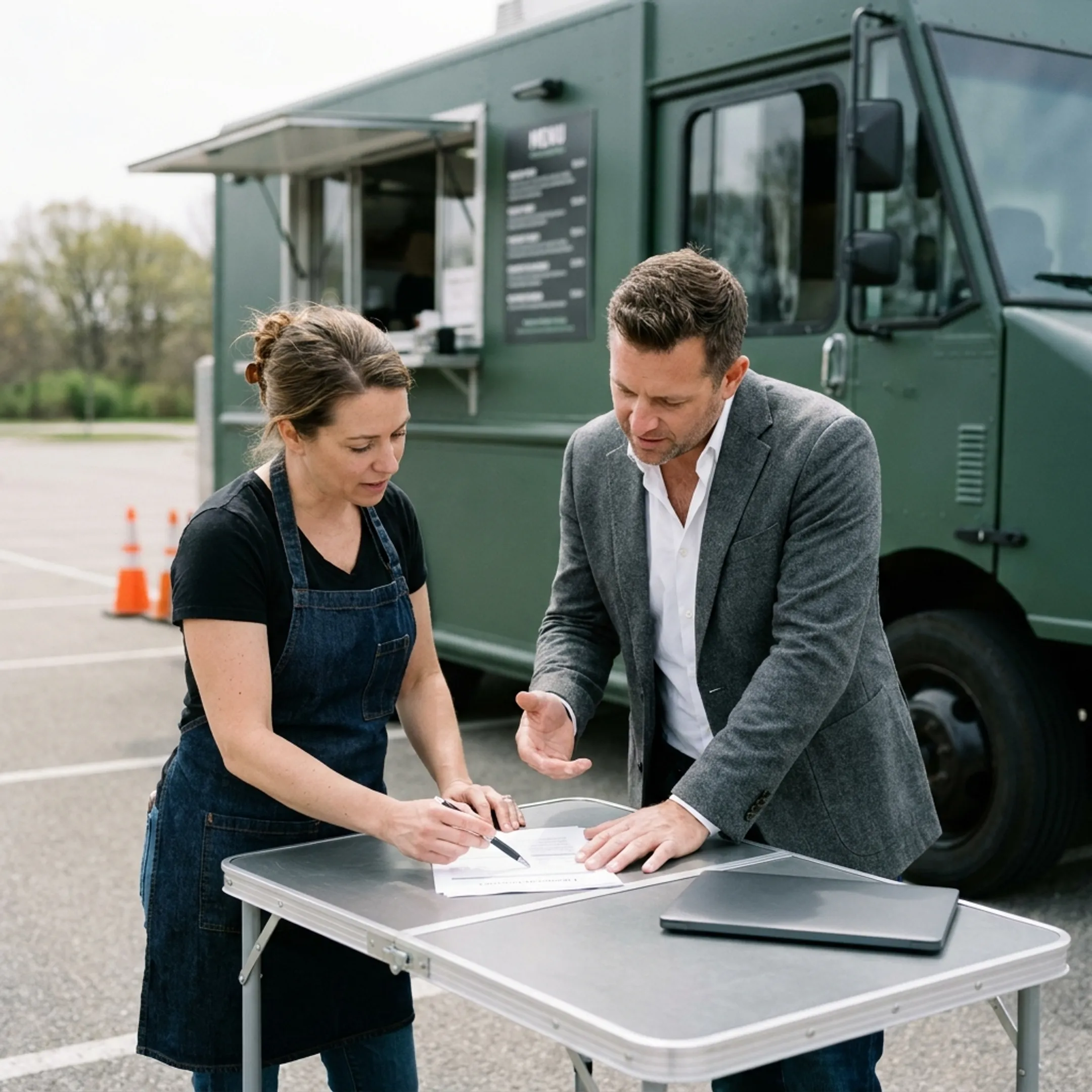 Food truck business owner discussing funding options with a financing specialist