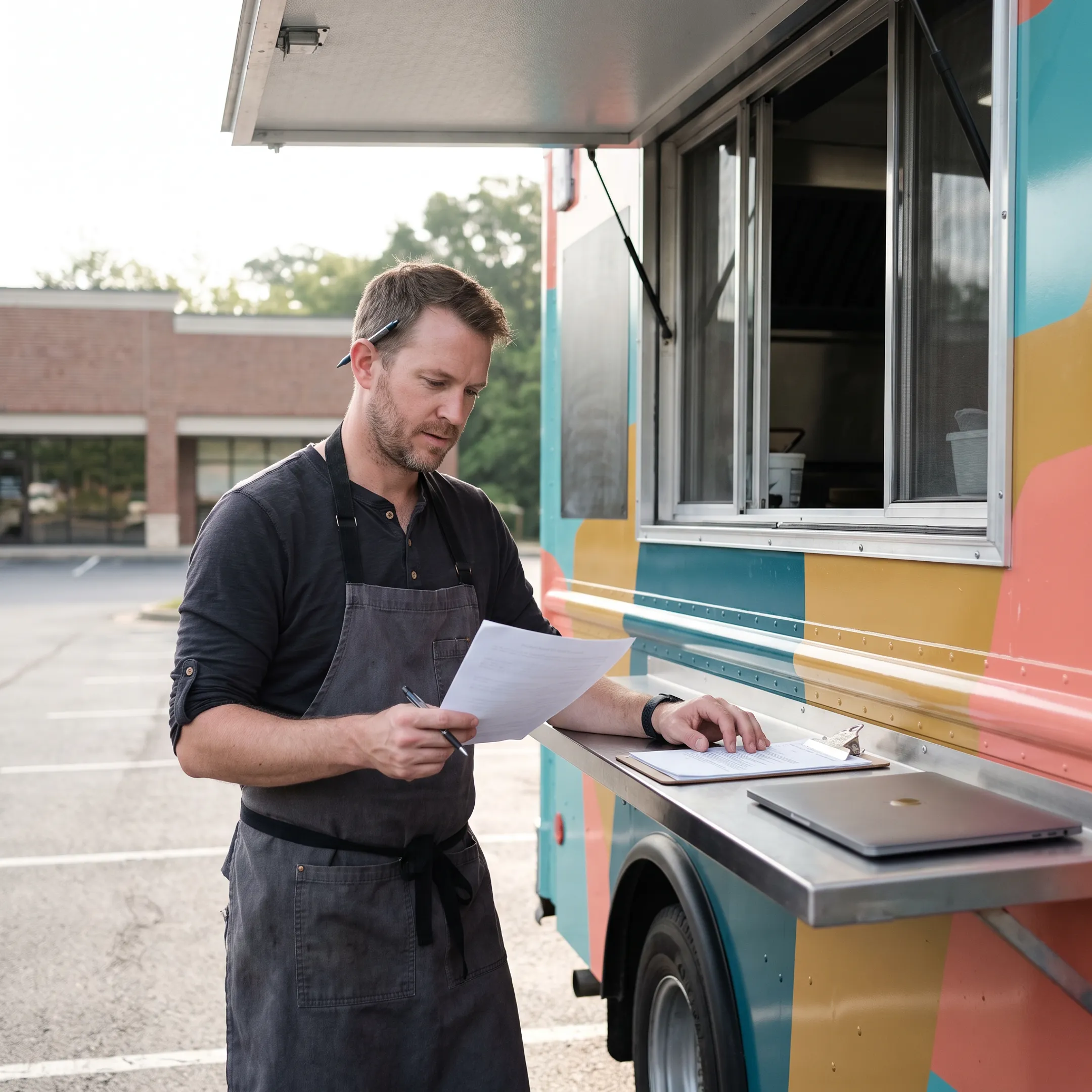 Food truck owner reviewing business financing documents beside a parked mobile kitchen