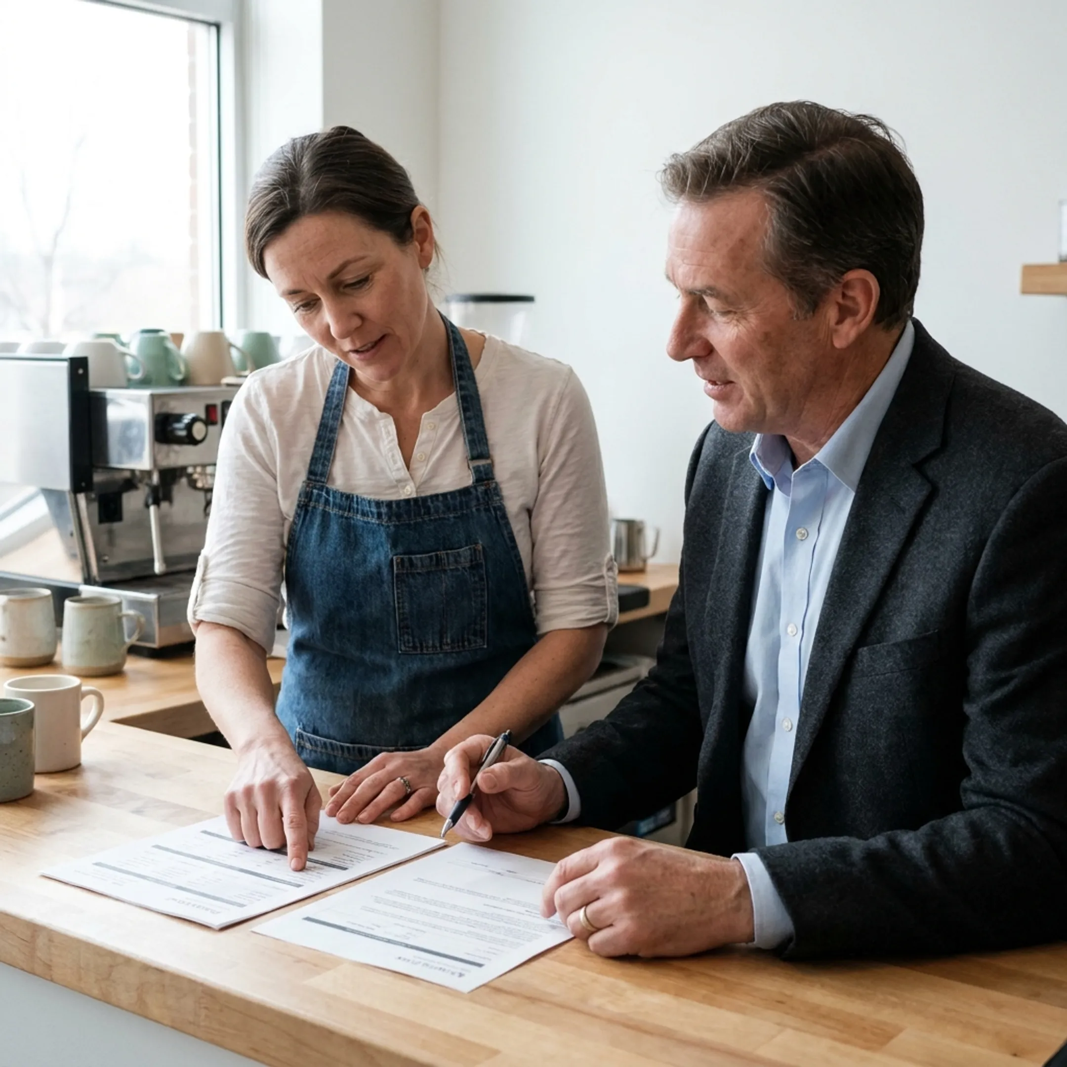Cafe owner reviewing financing documents with an advisor