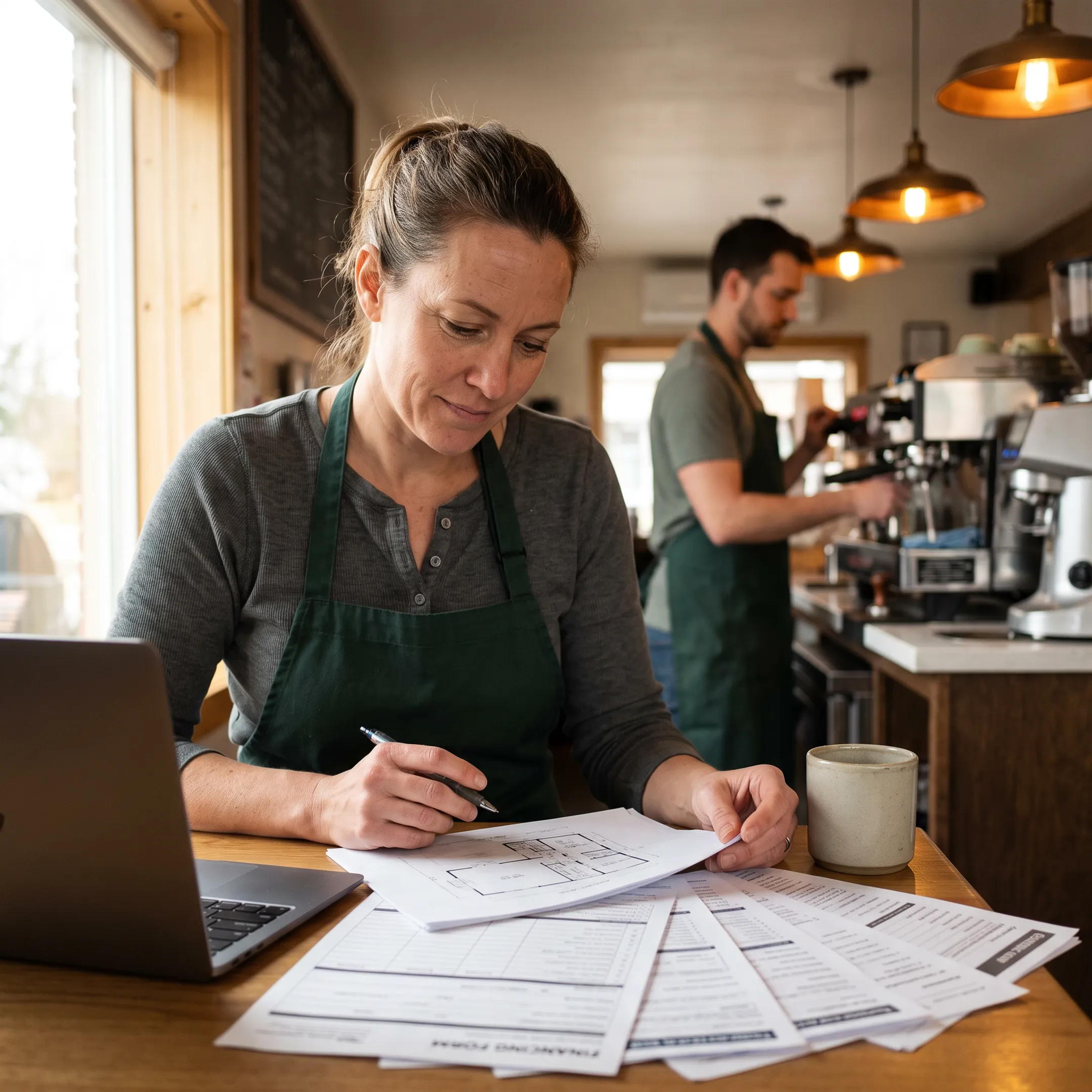 Cafe operator planning business expansion with financial paperwork