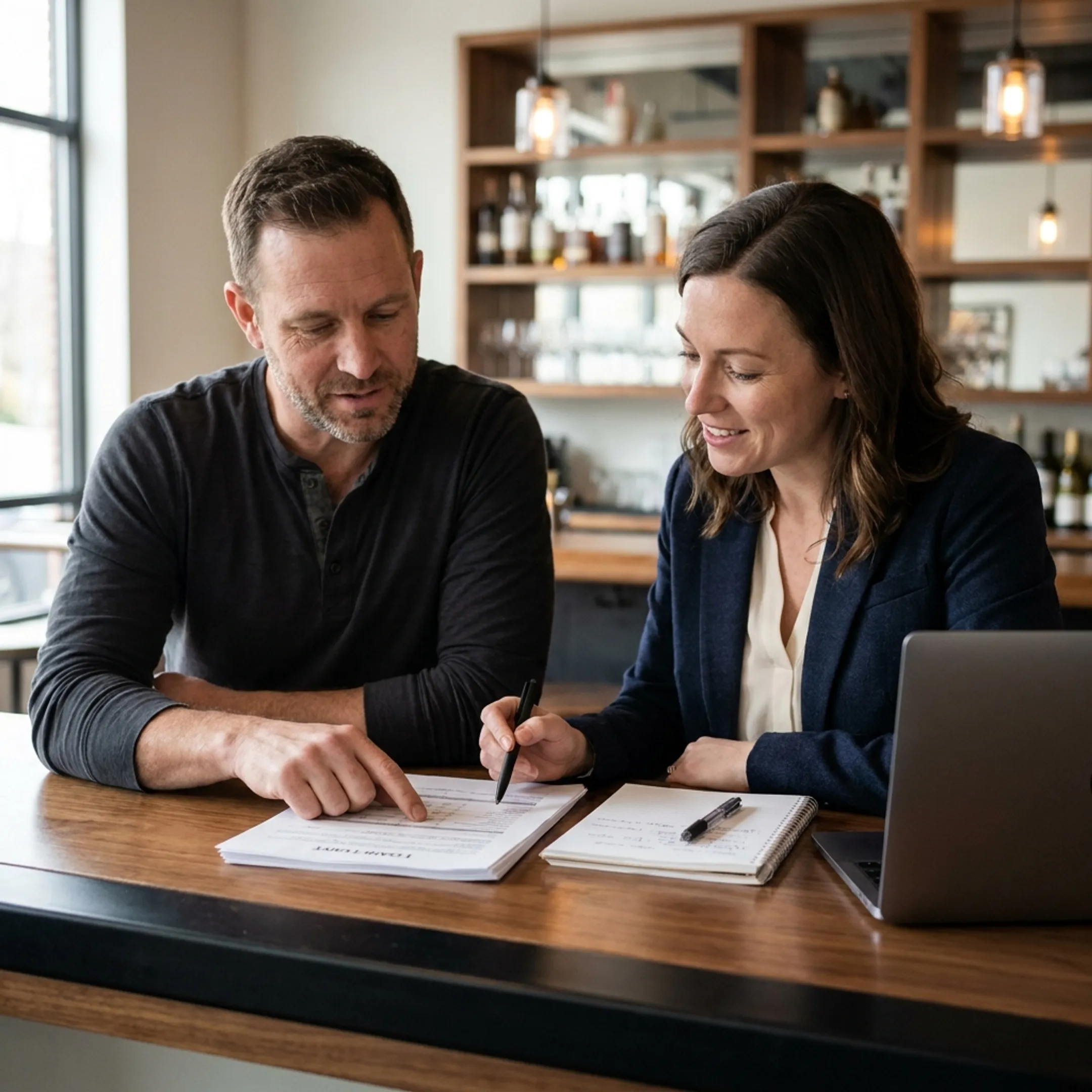 Bar owner reviewing business financing options with an advisor