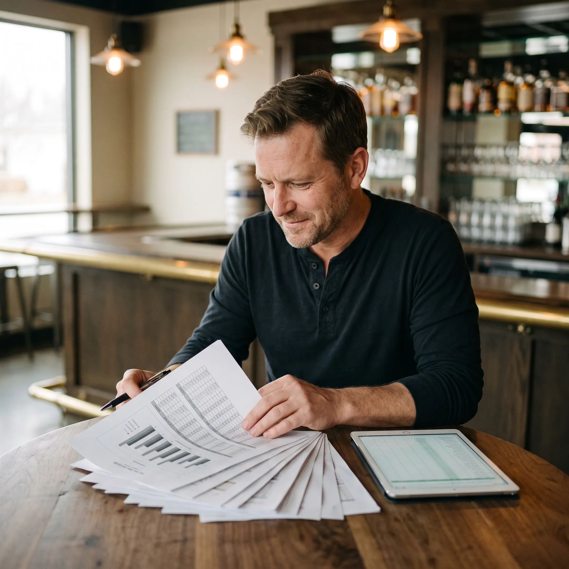 Bar operator reviewing financing plans at a table
