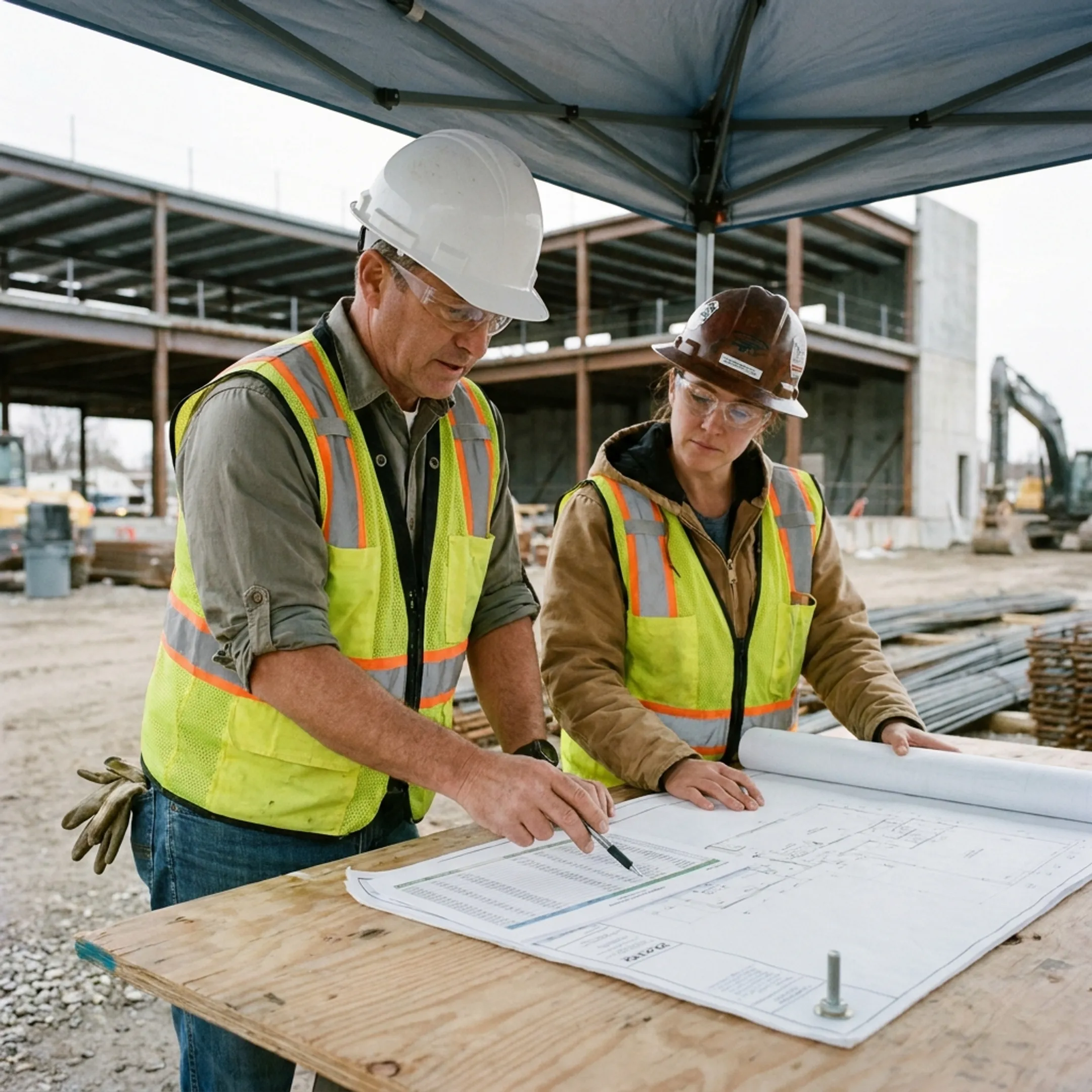 Construction manager reviewing project plans with financing documents at a commercial job site