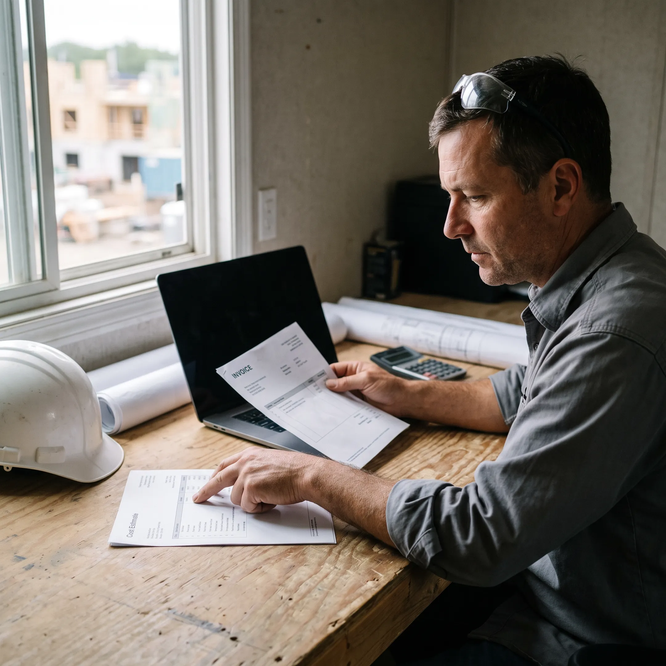 Contractor reviewing construction costs and financing options at a commercial project