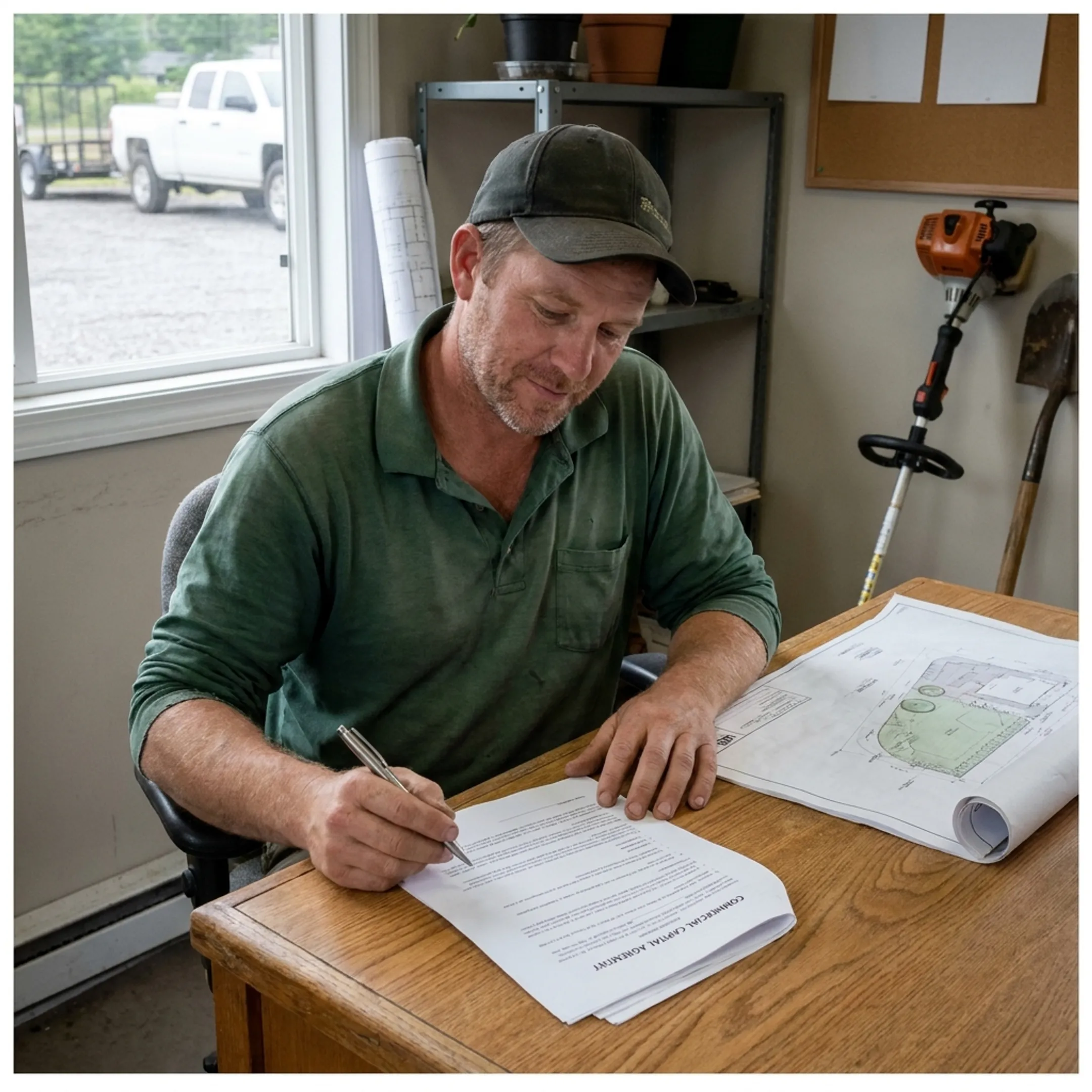 Landscaping business owner reviewing financing documents beside a work truck and equipment