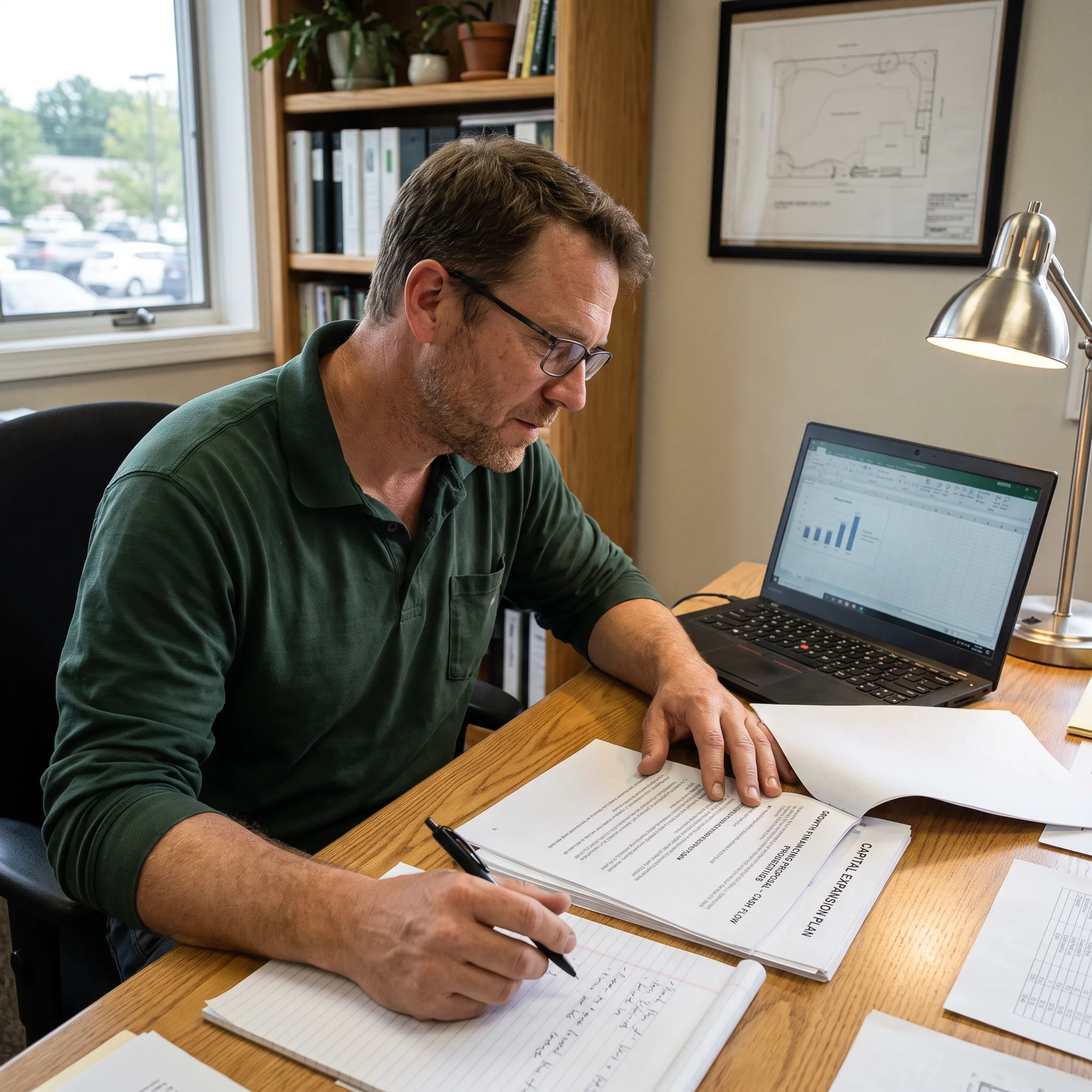 Landscaping company owner planning business growth with financing documents
