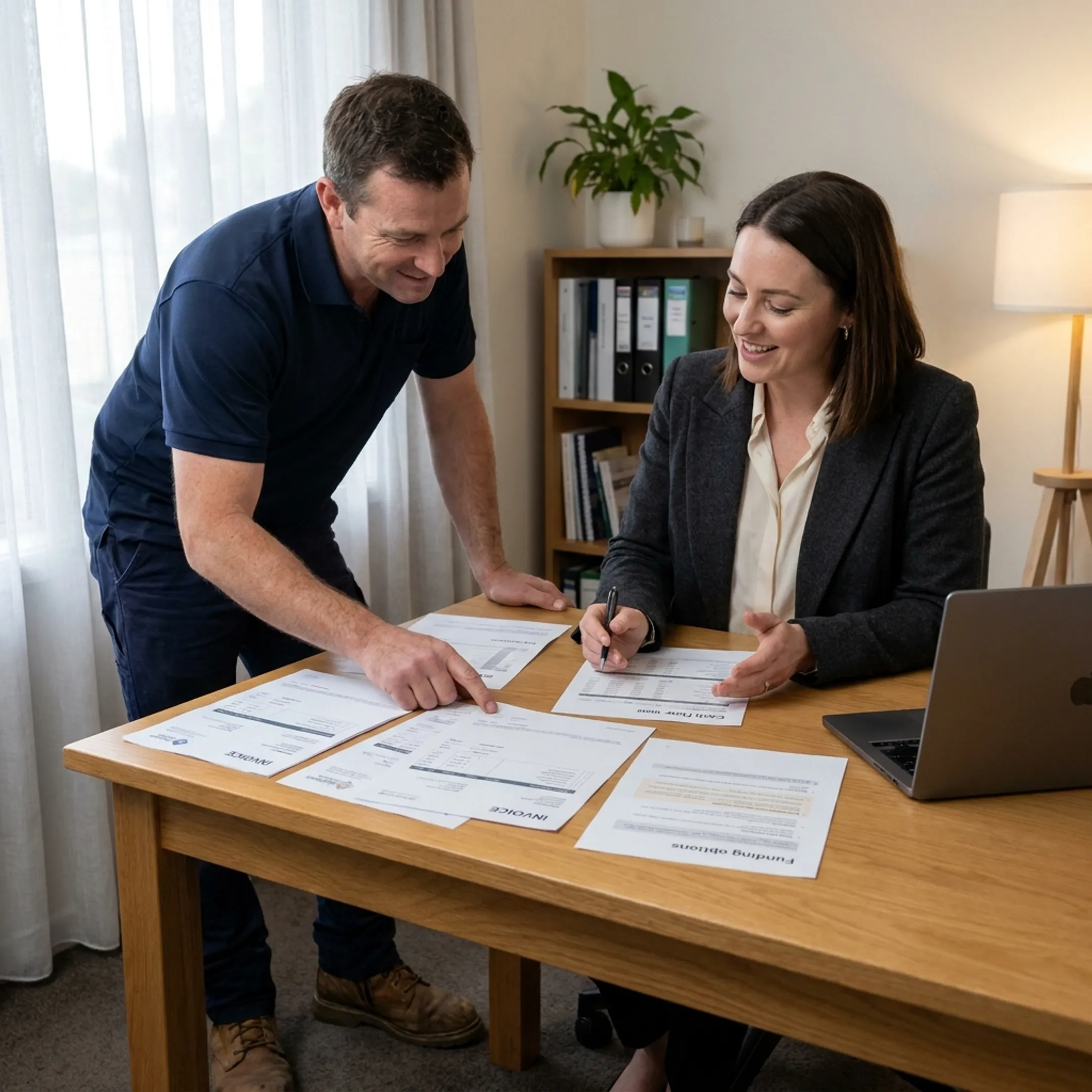Plumbing business owner reviewing working capital options with a financing advisor