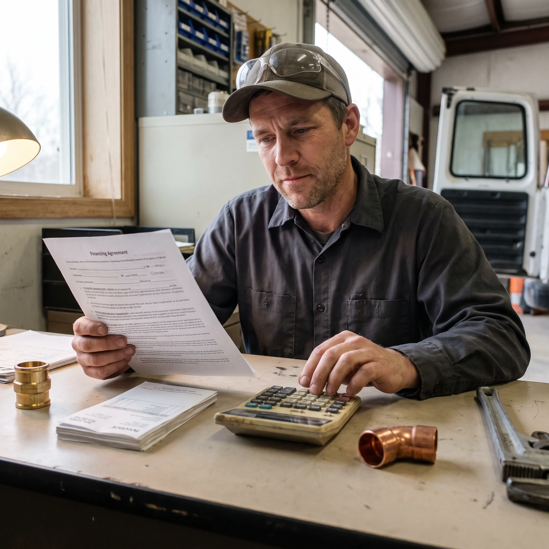 Plumbing contractor reviewing business financing documents beside tools and equipment