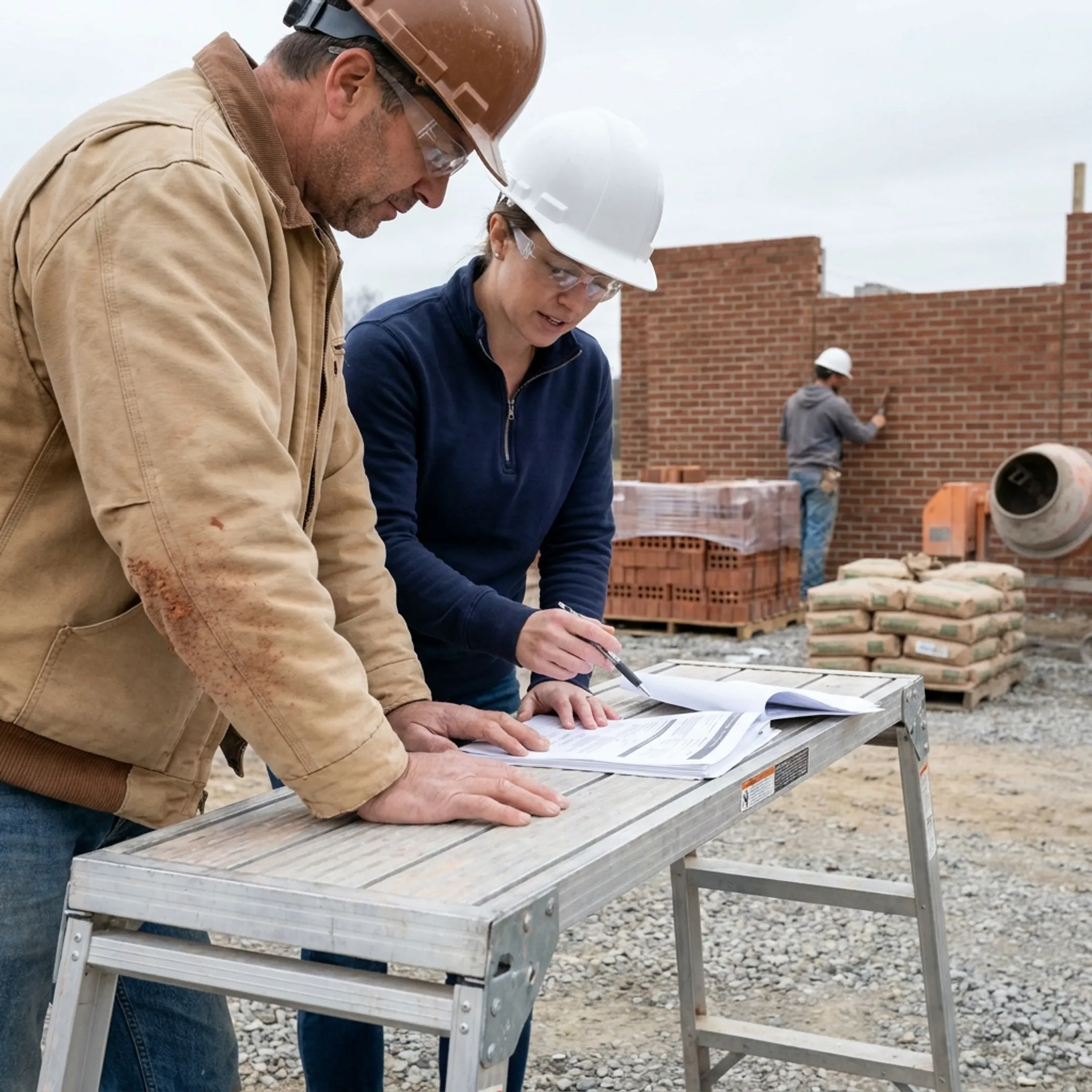 Masonry contractor reviewing business financing documents beside a brick construction project