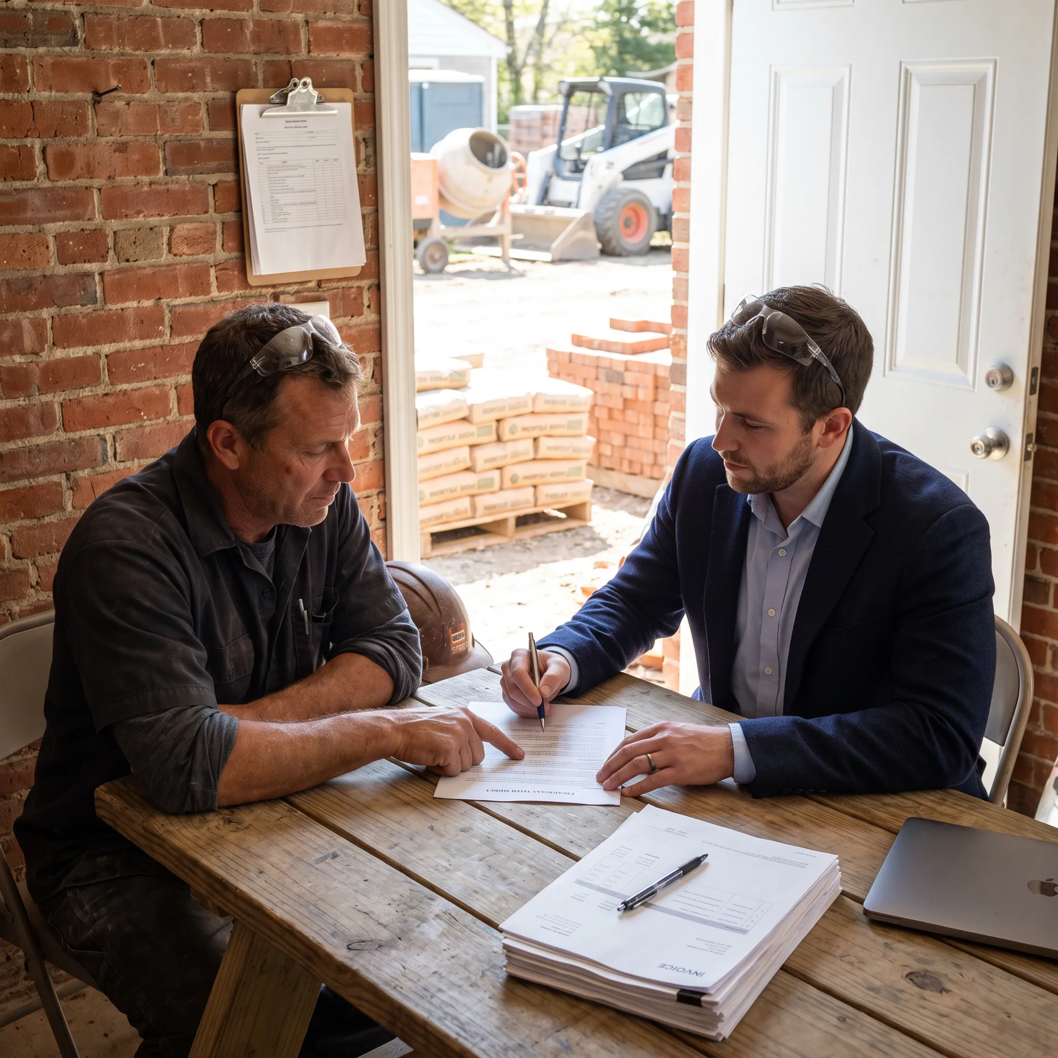 Masonry business owner discussing financing options with an advisor at a construction site