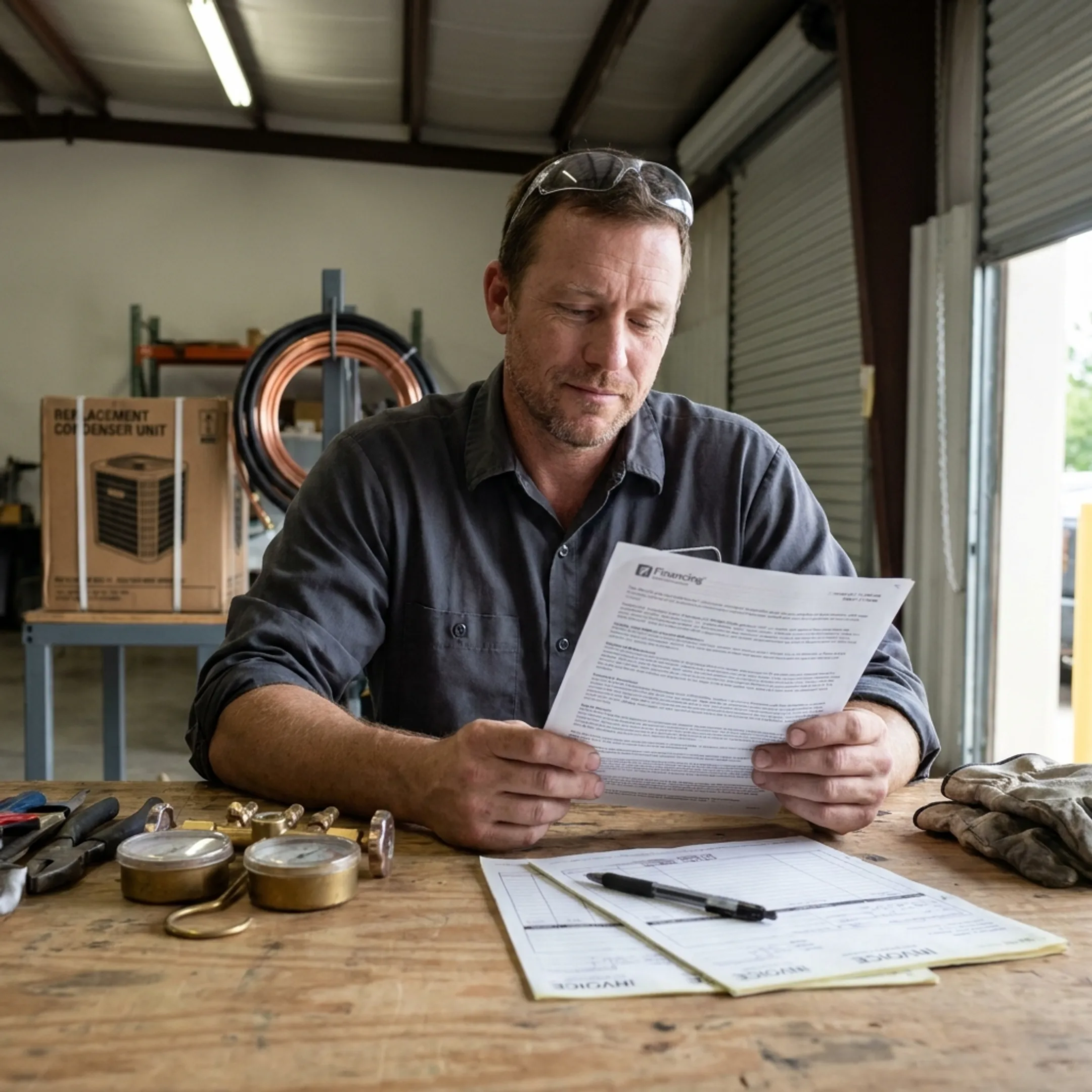 HVAC contractor reviewing business financing documents beside tools and equipment
