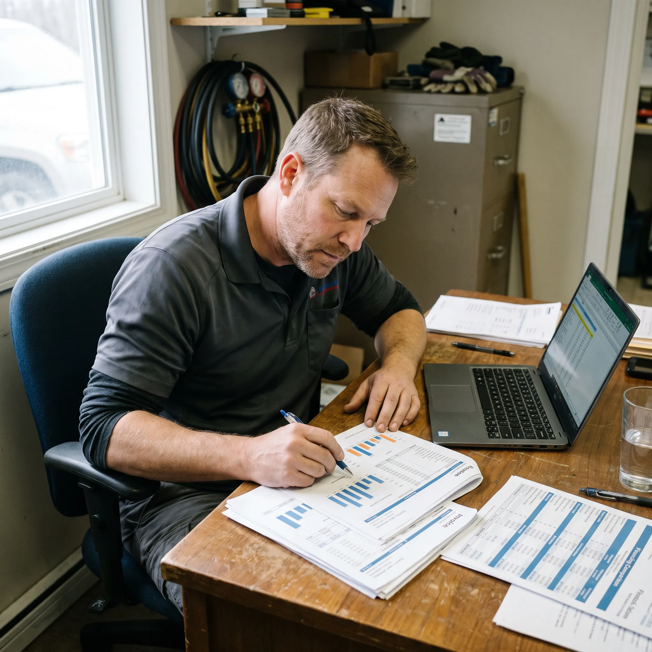HVAC business owner reviewing cash flow and financing options