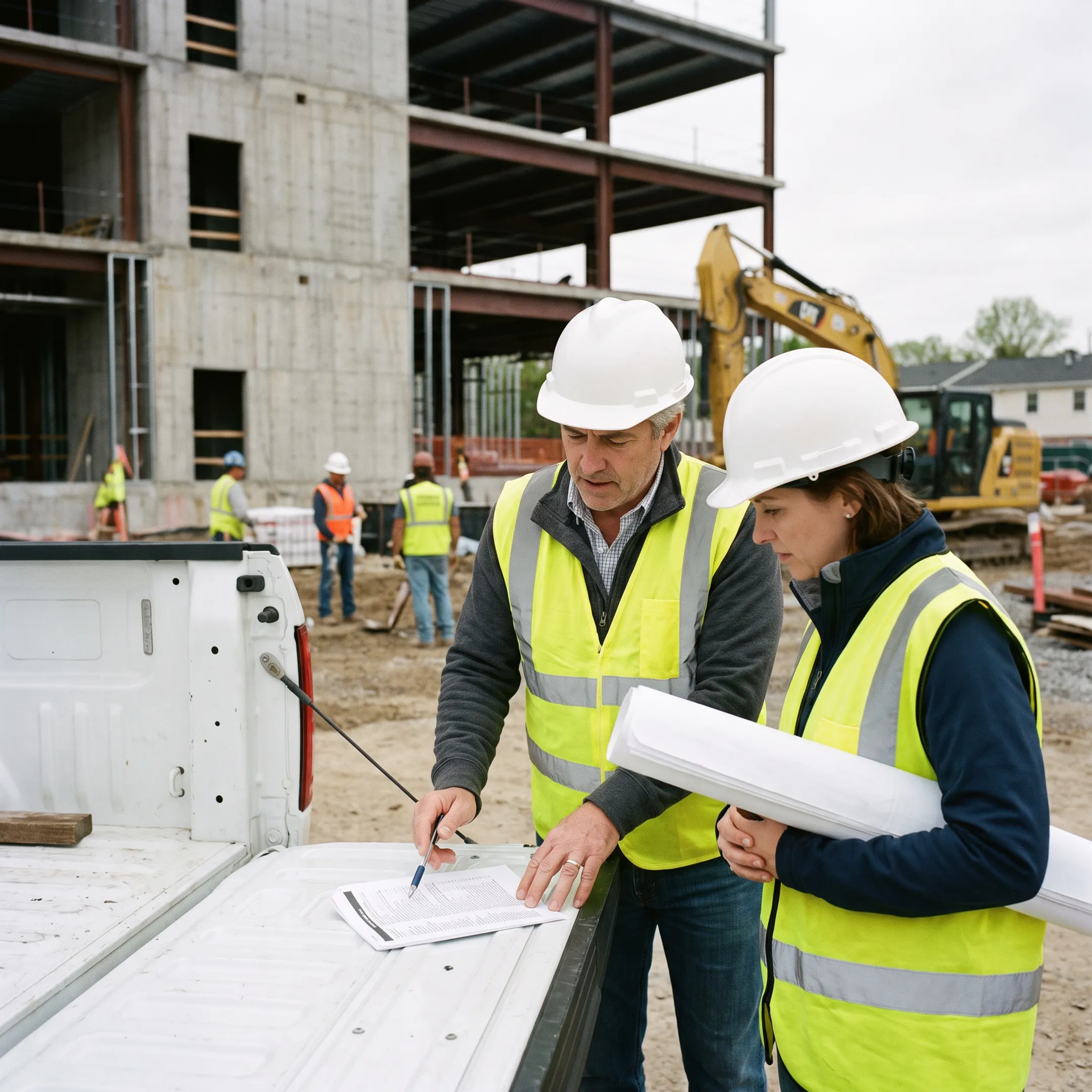 Construction manager reviewing financing documents at an active building project