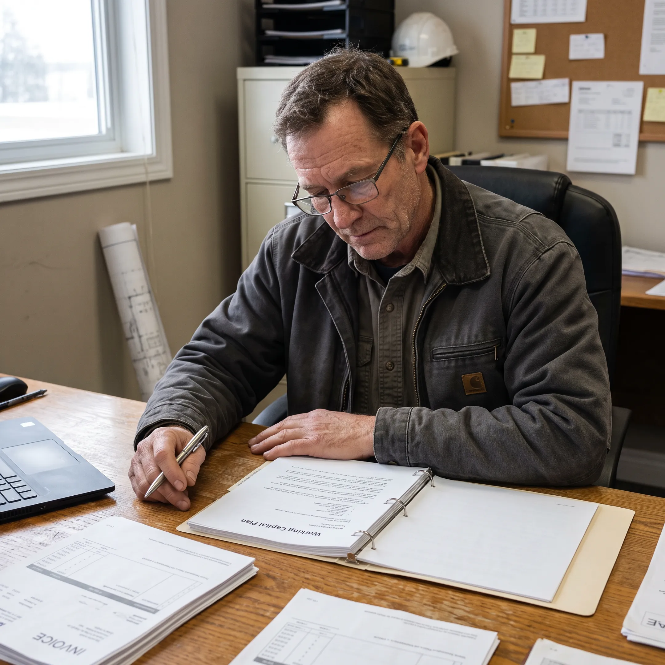 Construction business owner reviewing a working capital plan