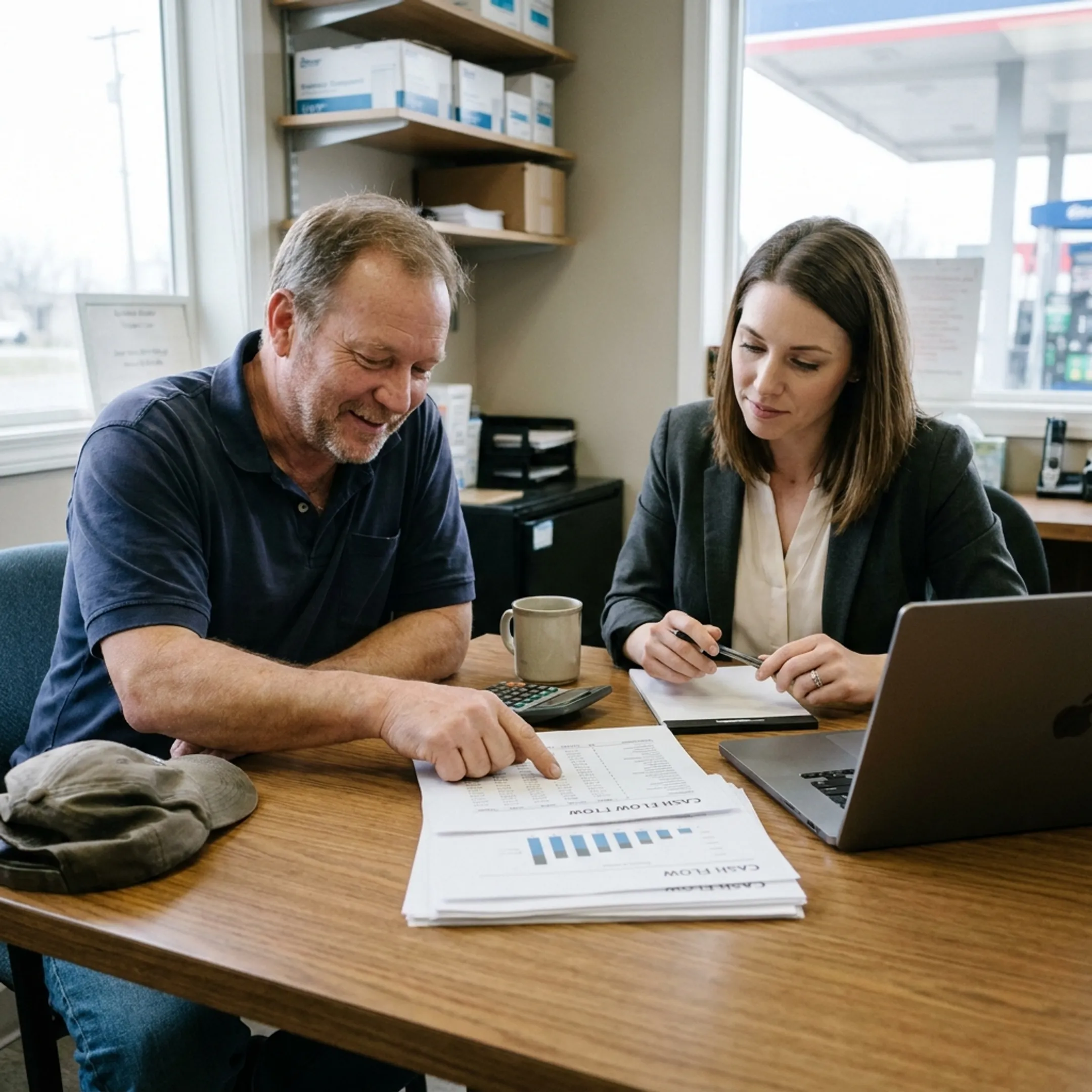 Business owner reviewing gas station financing options with an advisor