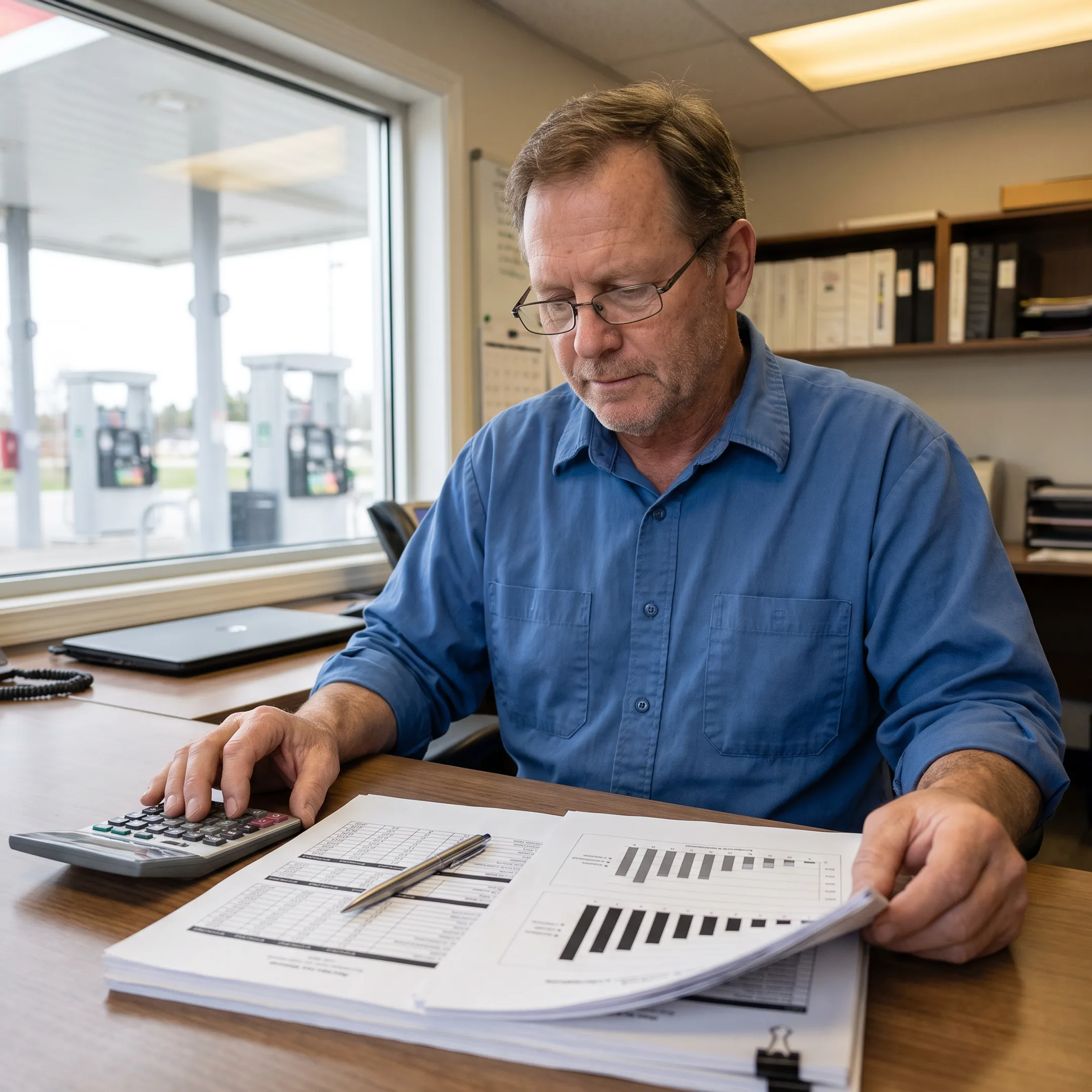Gas station owner reviewing business financing documents at a service counter