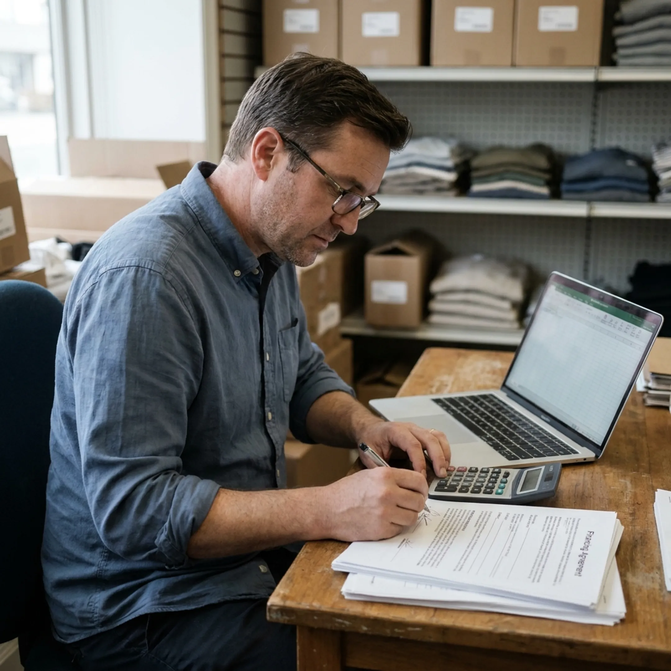 Business owner reviewing inventory financing documents beside stocked retail shelves