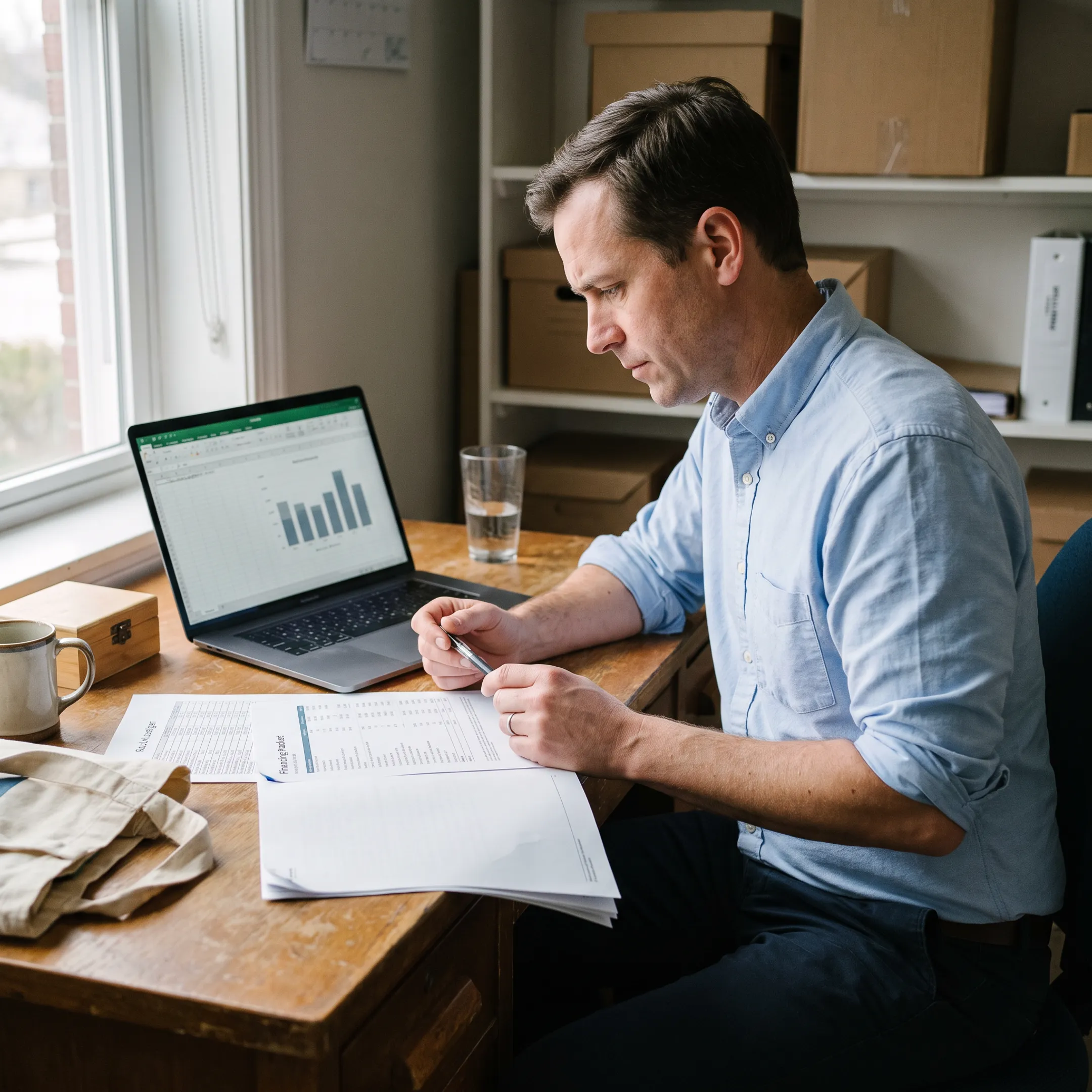 Business owner planning inventory purchases with financing paperwork