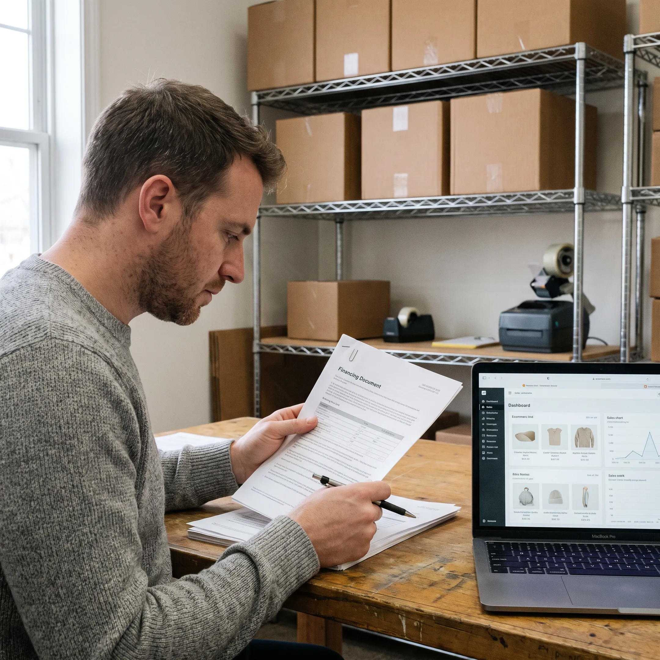 Ecommerce business owner reviewing financing options beside online store inventory
