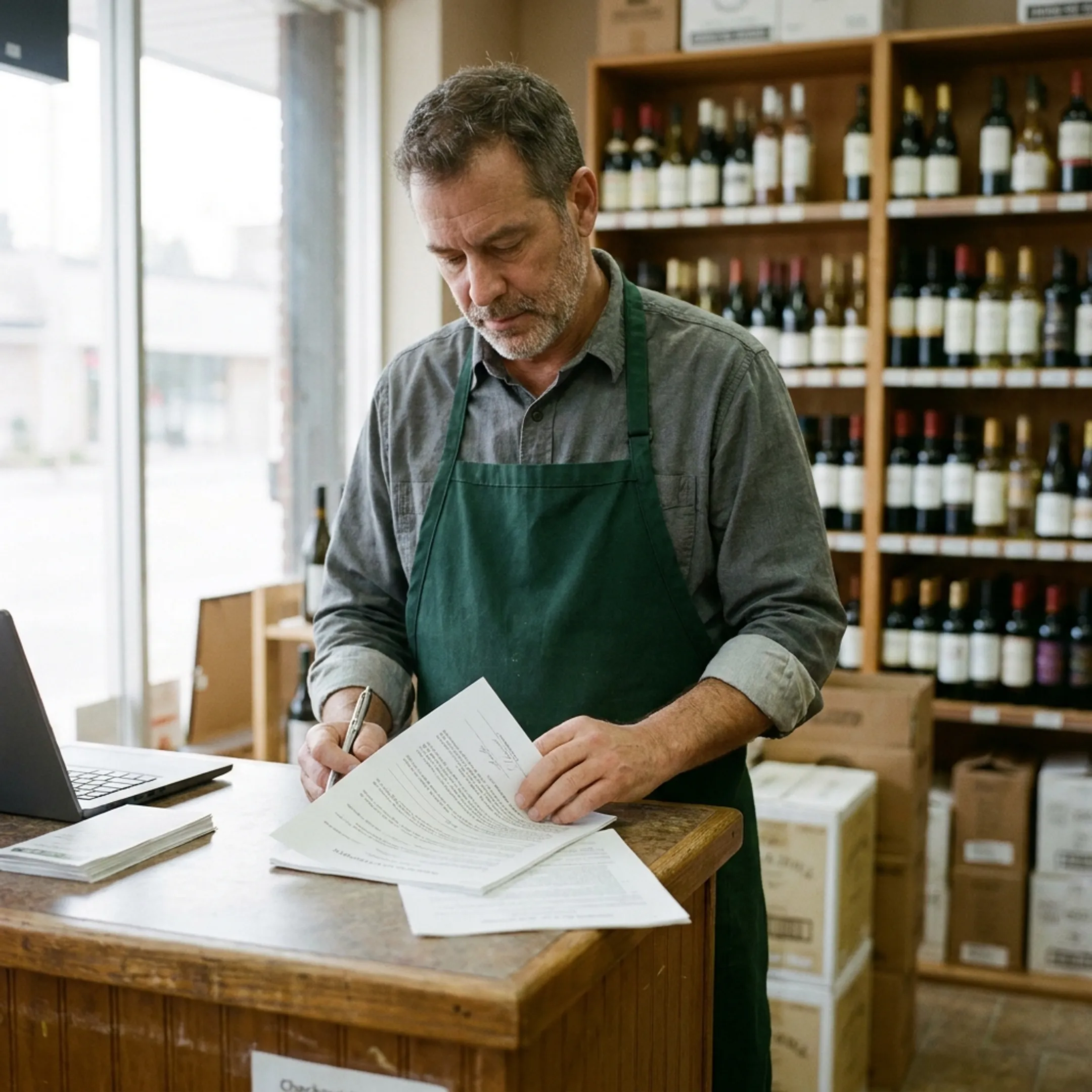 Liquor store owner reviewing financing documents beside stocked retail shelves