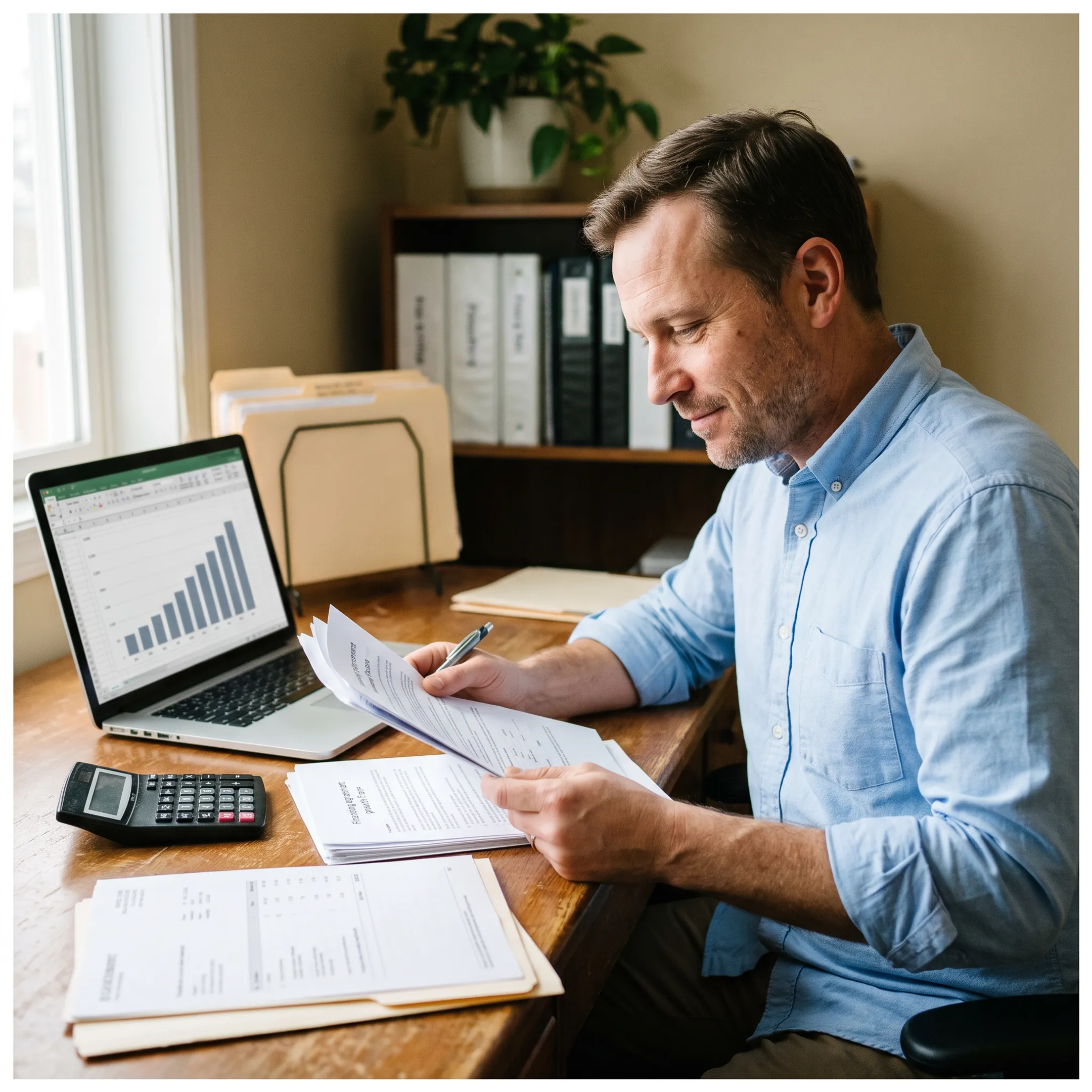 Entrepreneur planning business expansion with financing documents