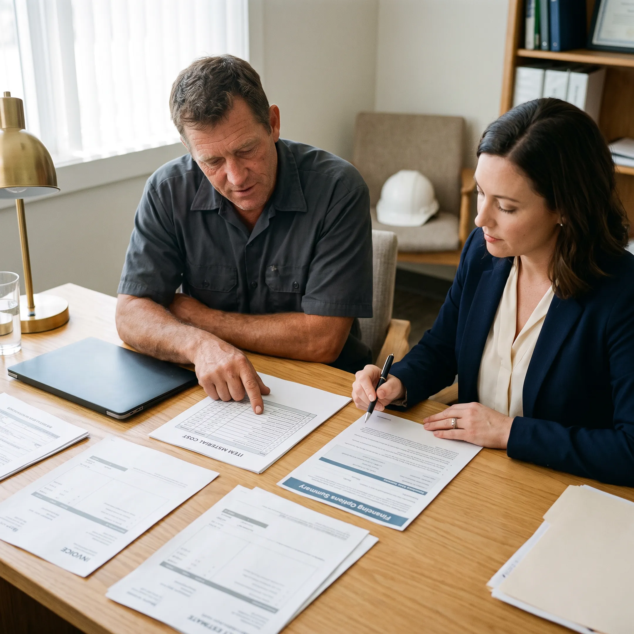 Roofing contractor reviewing project finances with a business advisor