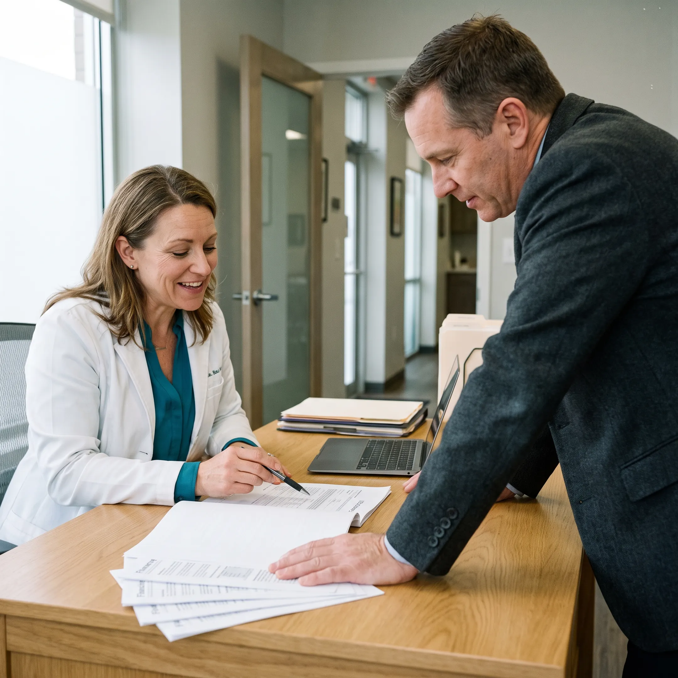 Healthcare practice owner reviewing business financing options with an advisor