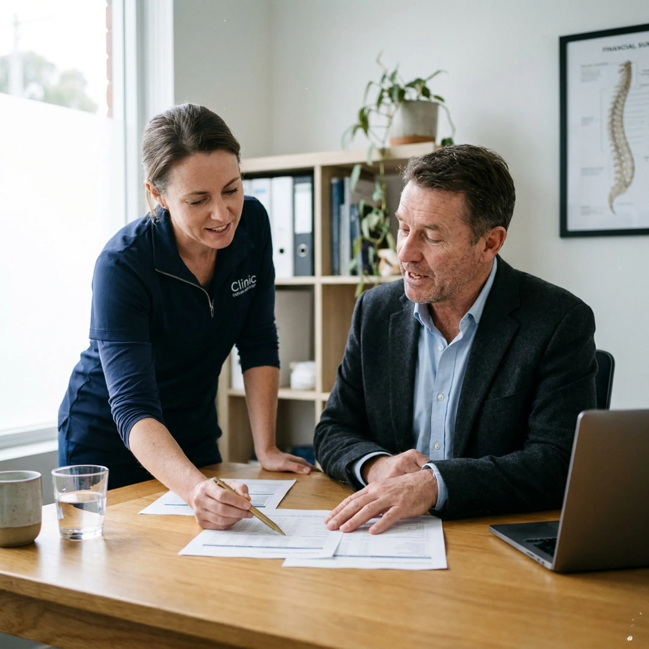 Chiropractic practice owner reviewing business financing options with an advisor