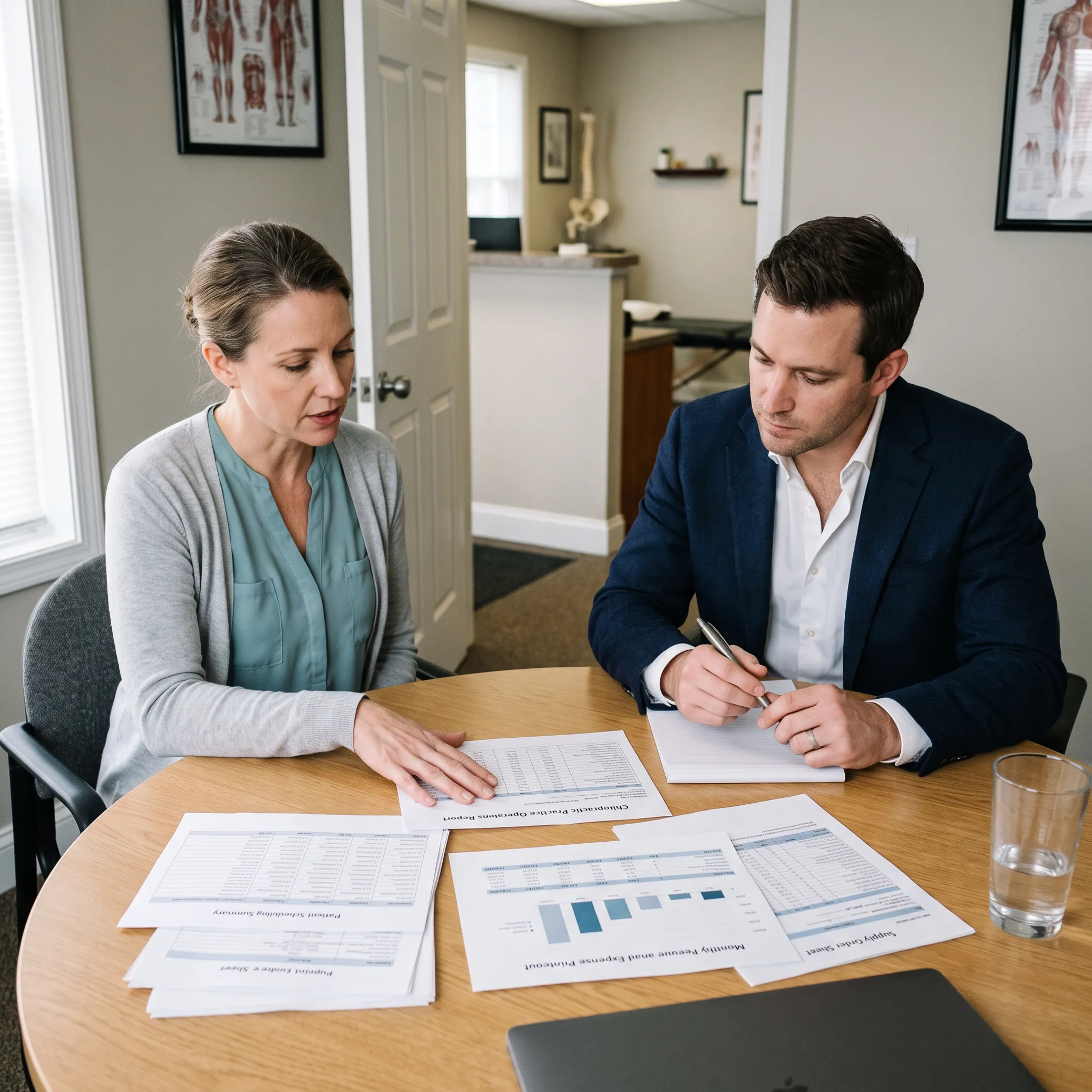 Chiropractic office manager discussing working capital with a financing specialist