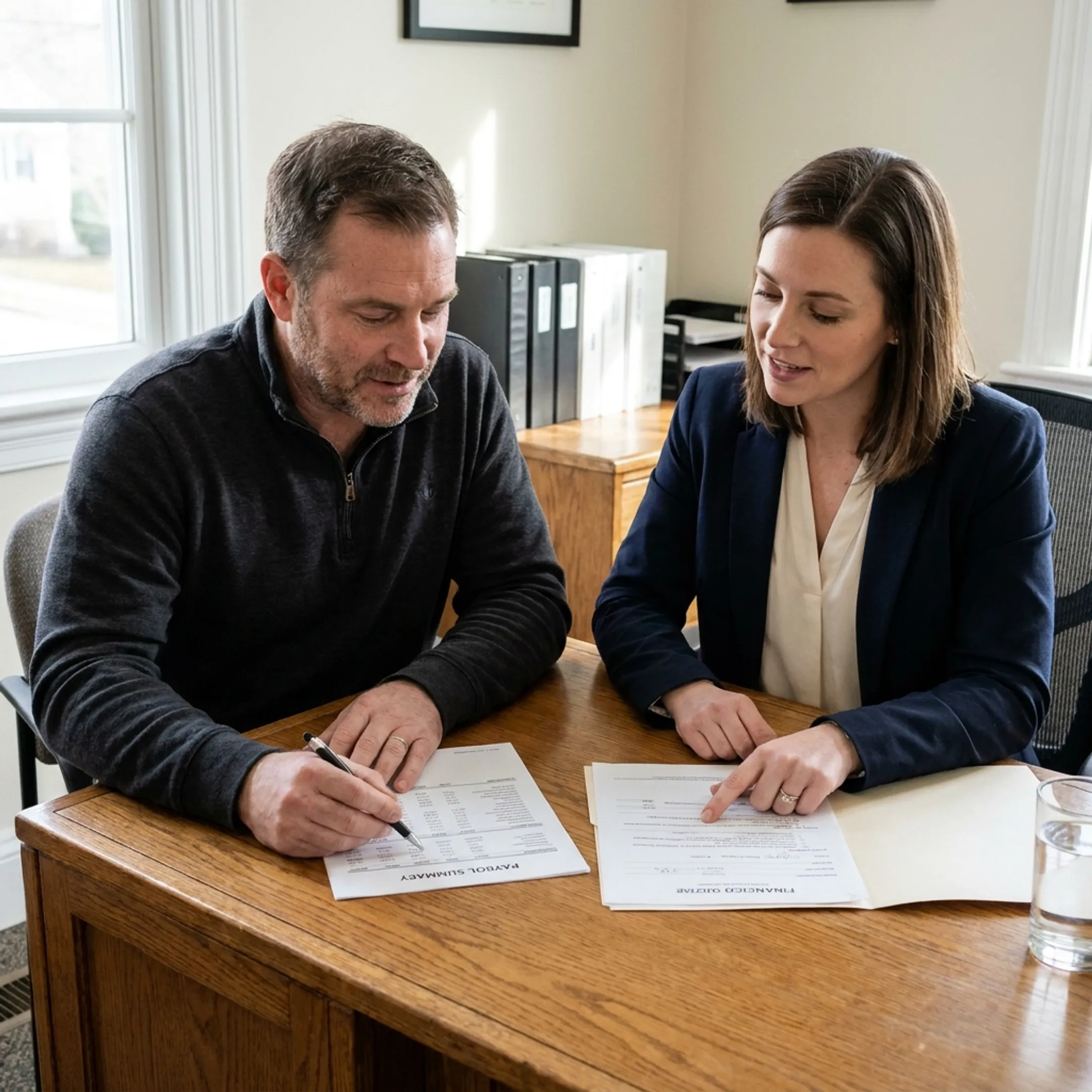 Business owner reviewing payroll financing documents for a security services company