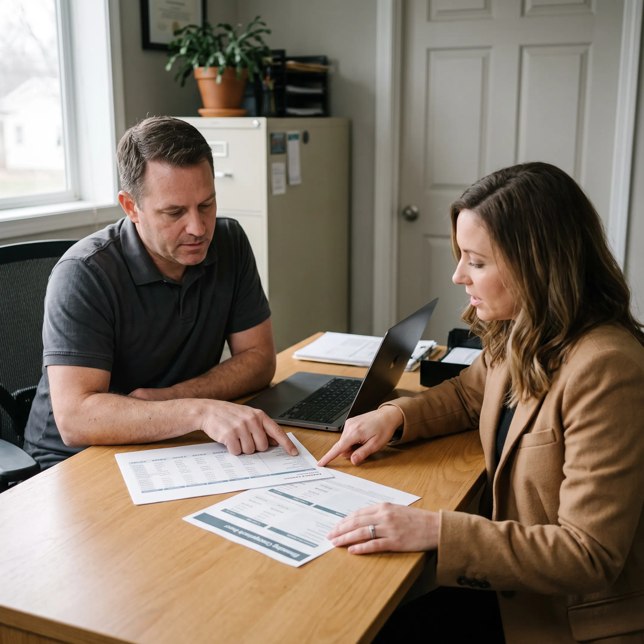 Security company manager reviewing payroll and business funding information