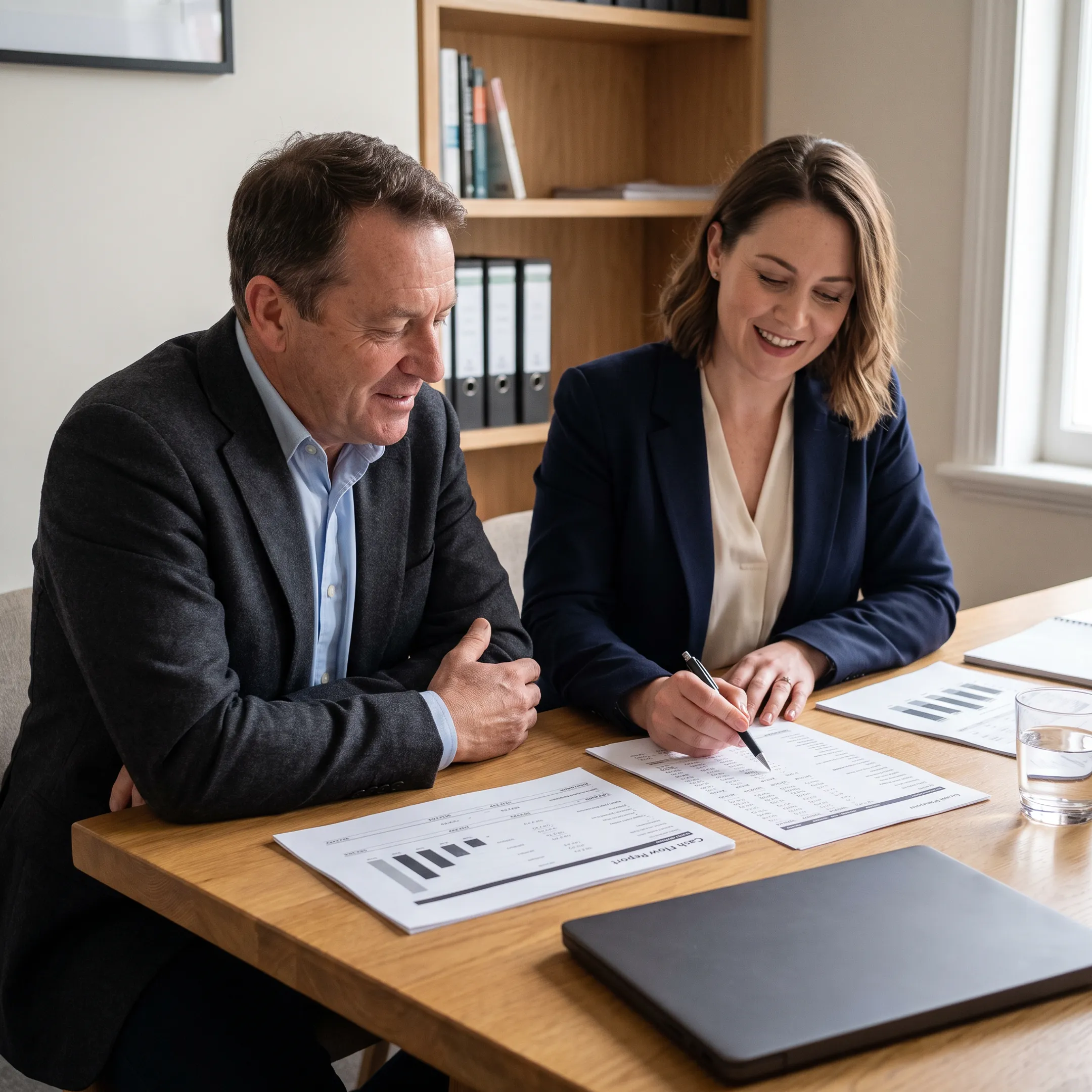 Insurance agency owner reviewing business financing documents with advisor