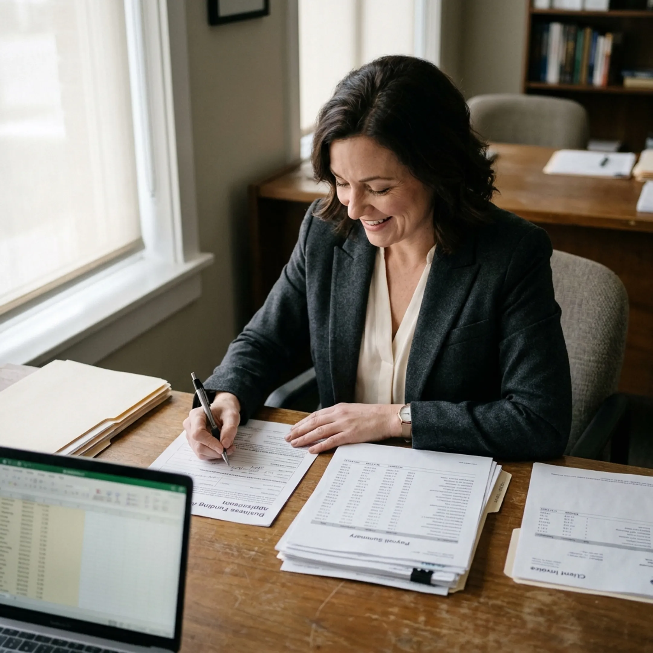 Staffing company manager reviewing payroll funding documents at an office desk