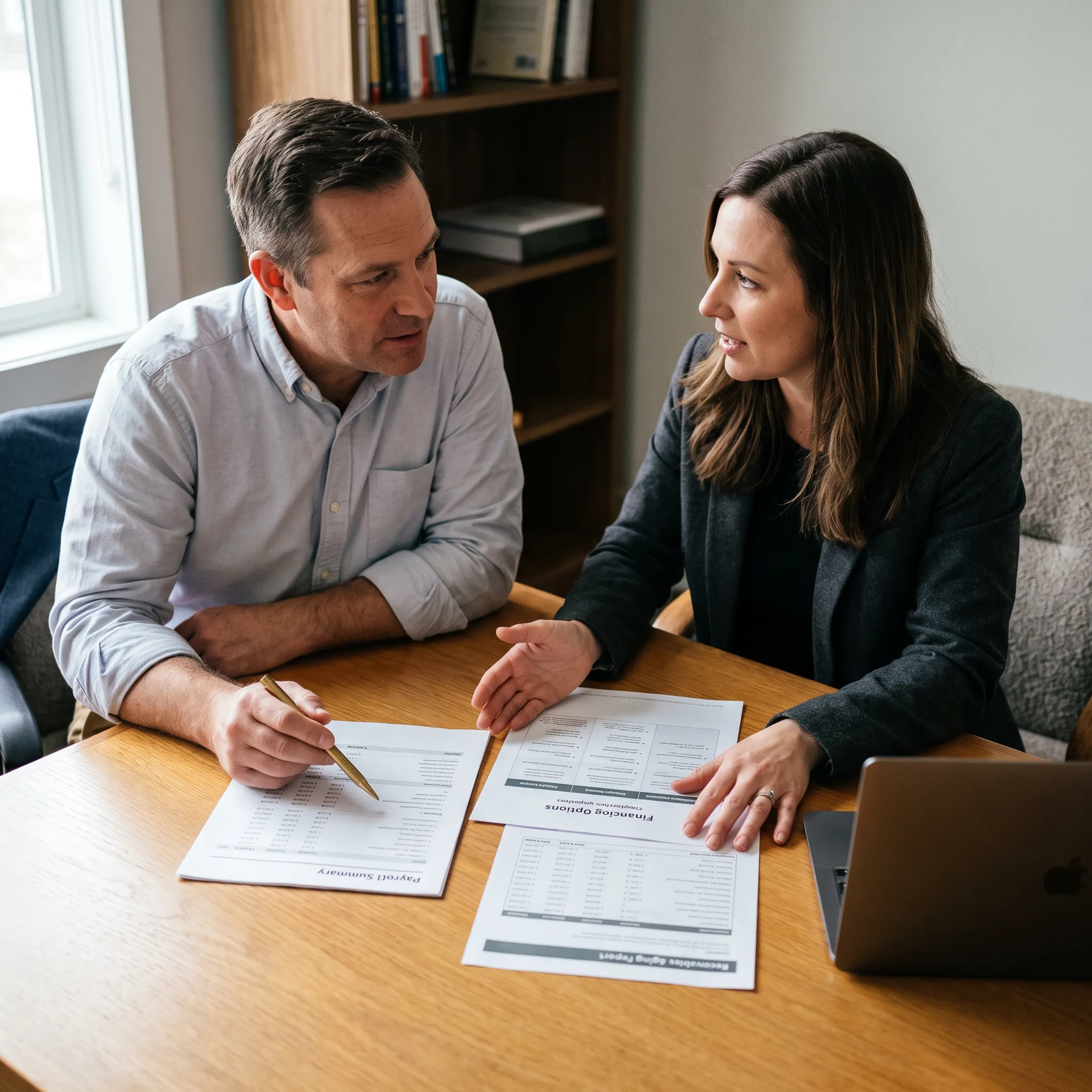 Staffing business owner reviewing payroll and cash flow financing options
