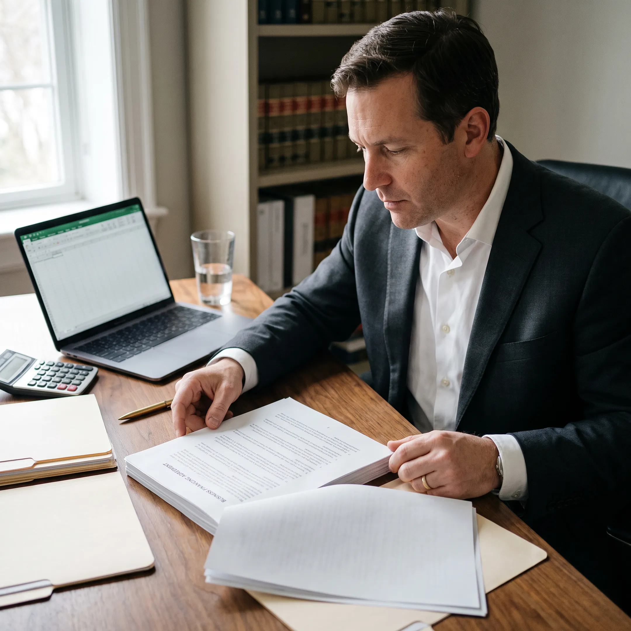 Lawyer reviewing business financing documents at a desk