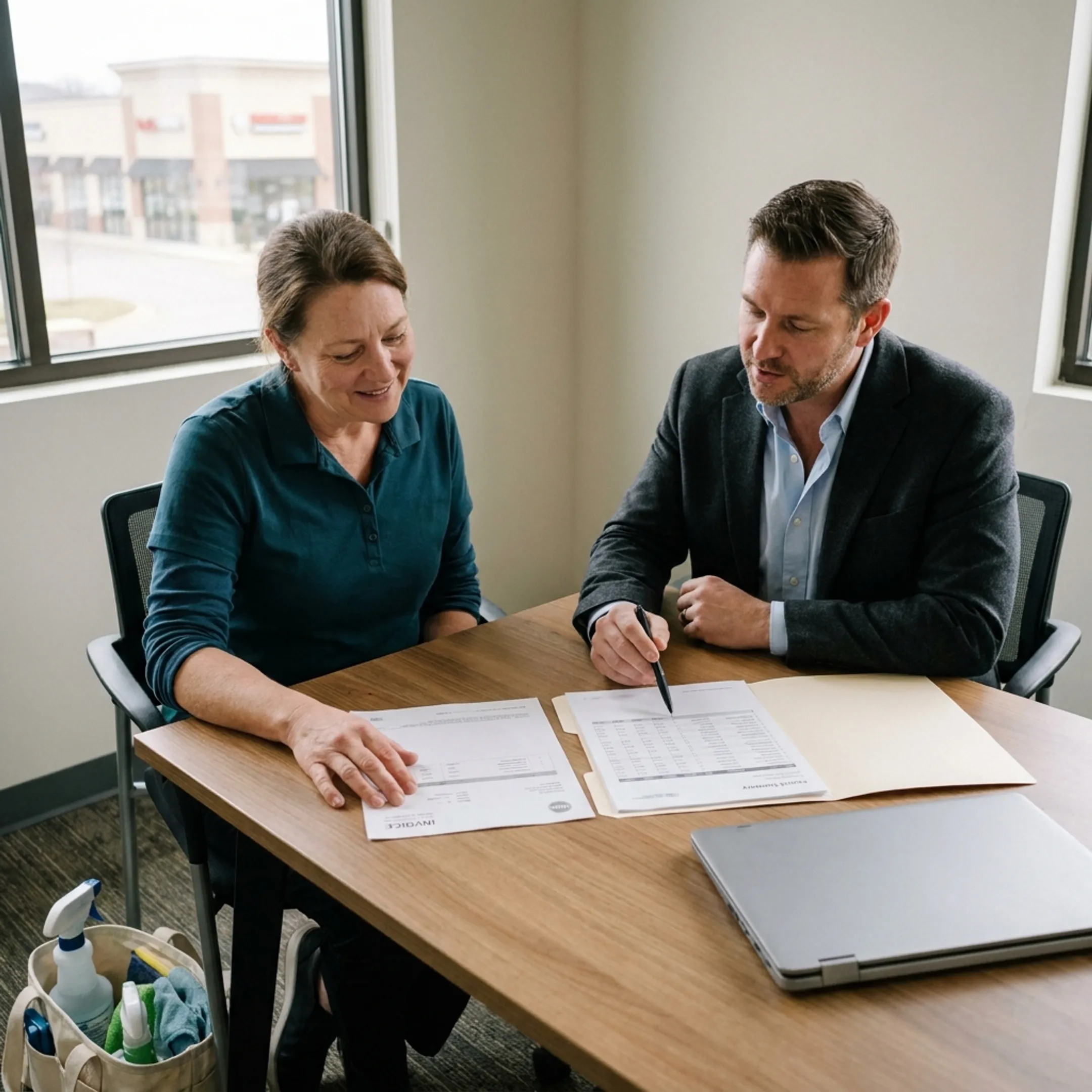 Commercial cleaning company owner discussing working capital financing