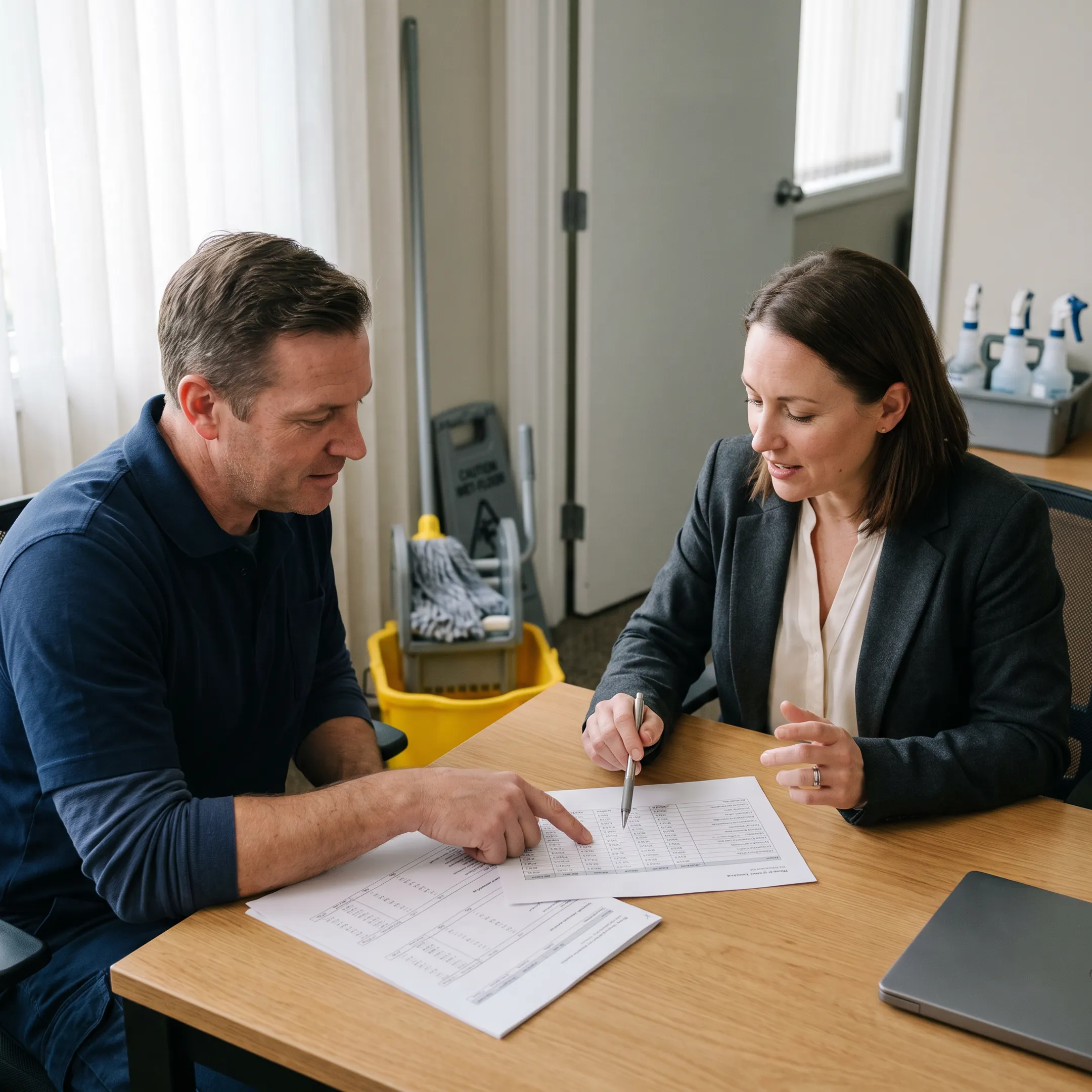 Commercial cleaning business owner reviewing funding options with financial advisor