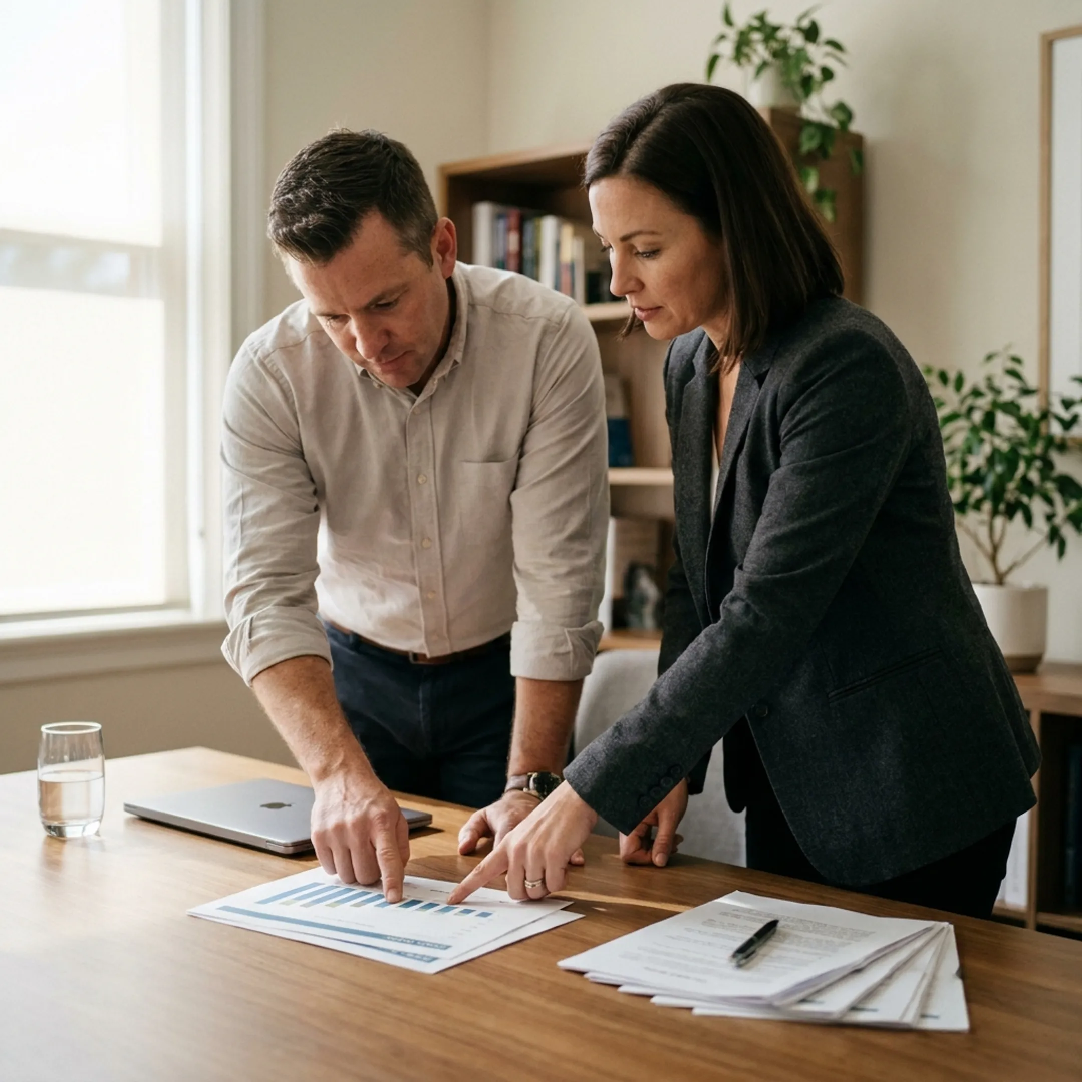 Franchise owner reviewing business financing documents with an advisor