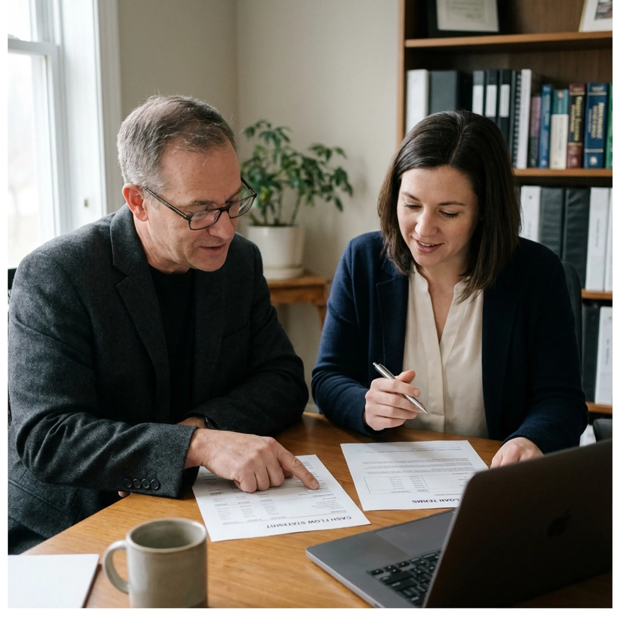 Accounting firm owner reviewing funding options at a desk