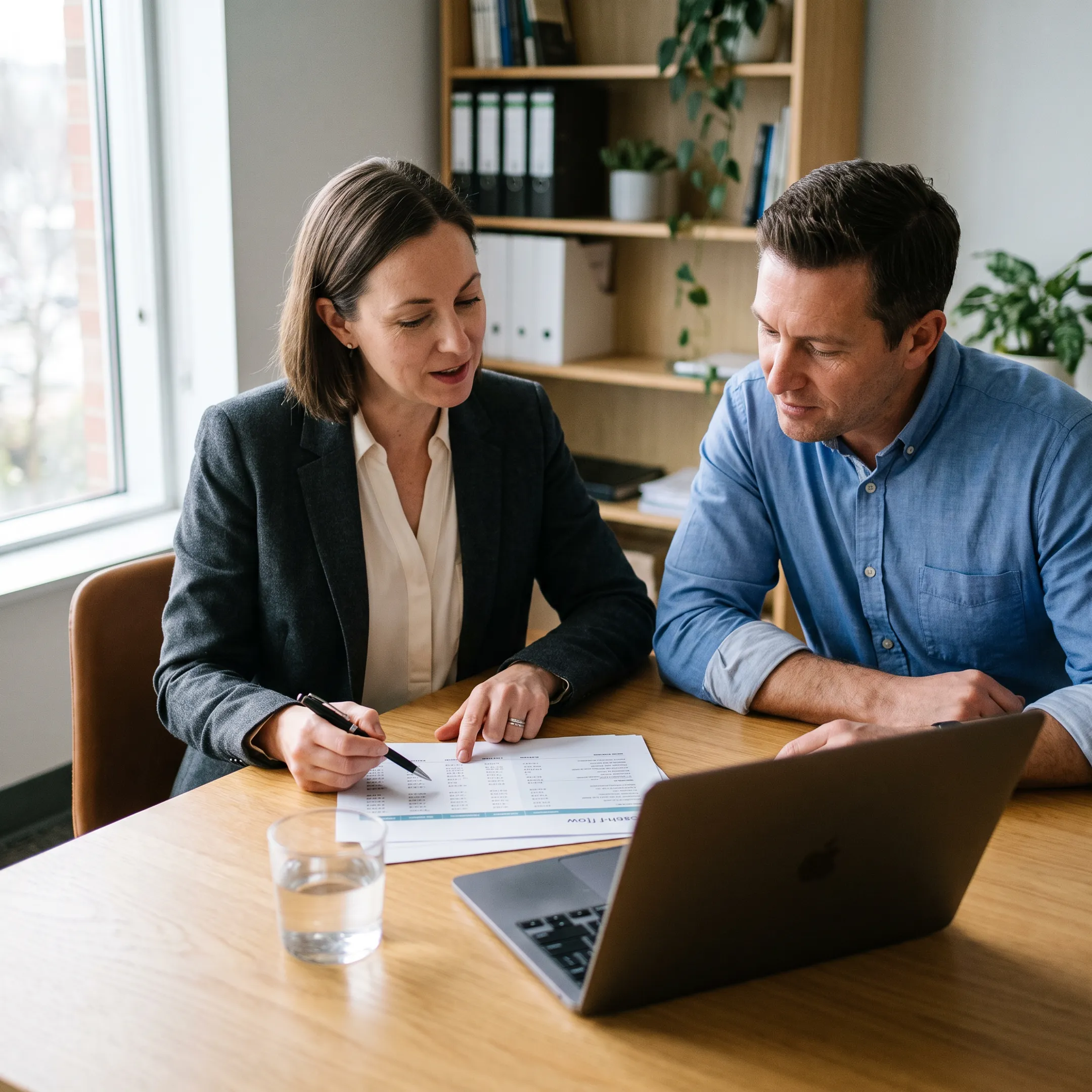 Accountant reviewing business finances with a client in a modern office