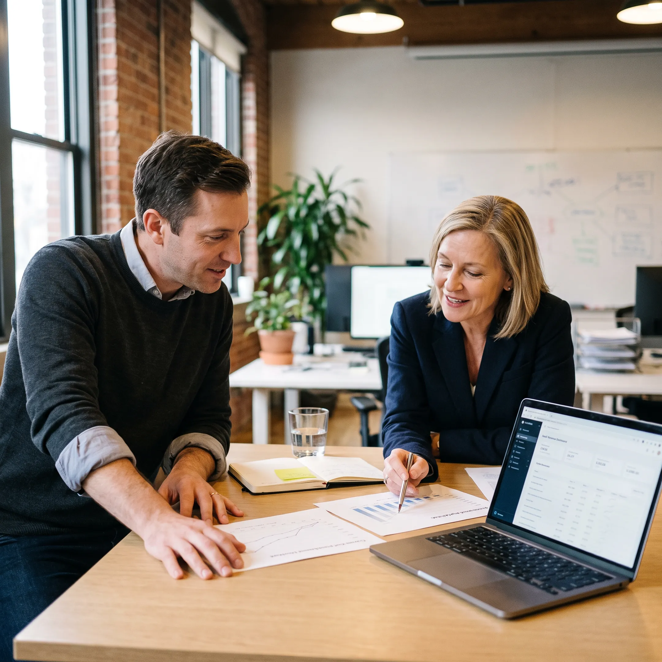 SaaS founder reviewing financing options with an advisor at a modern office desk