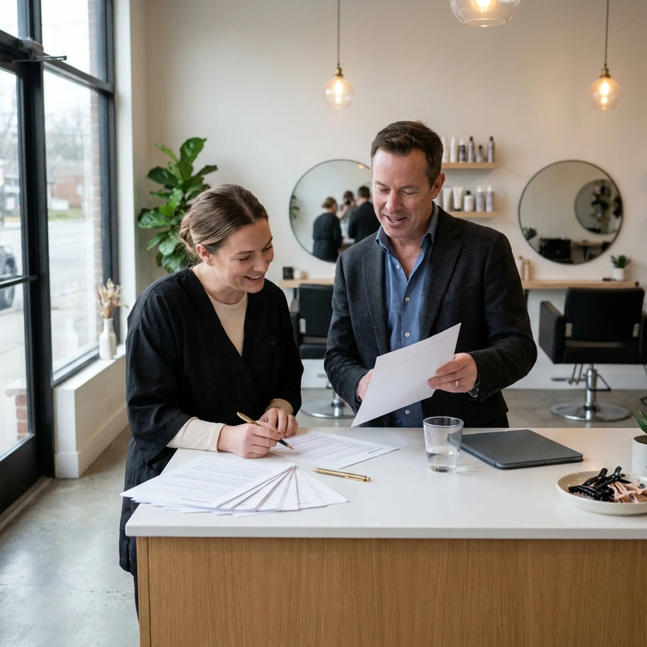 Beauty salon owner reviewing business financing documents at a reception desk