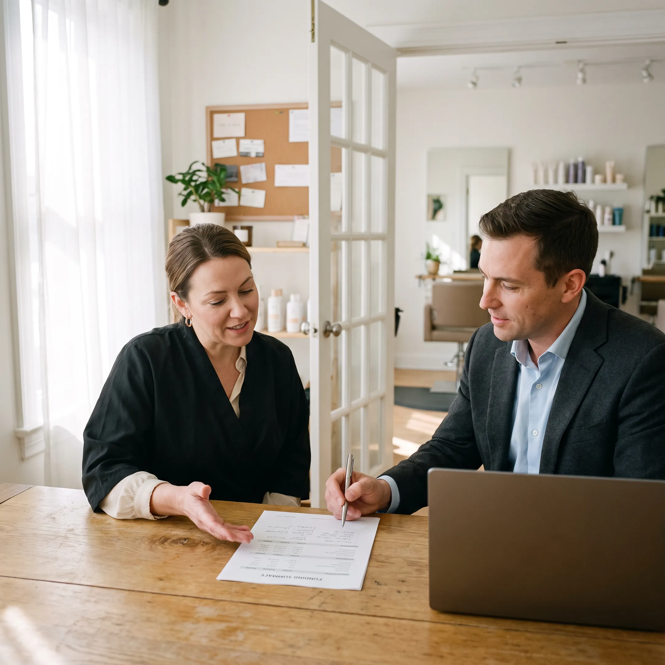 Beauty salon owner discussing business funding with an advisor