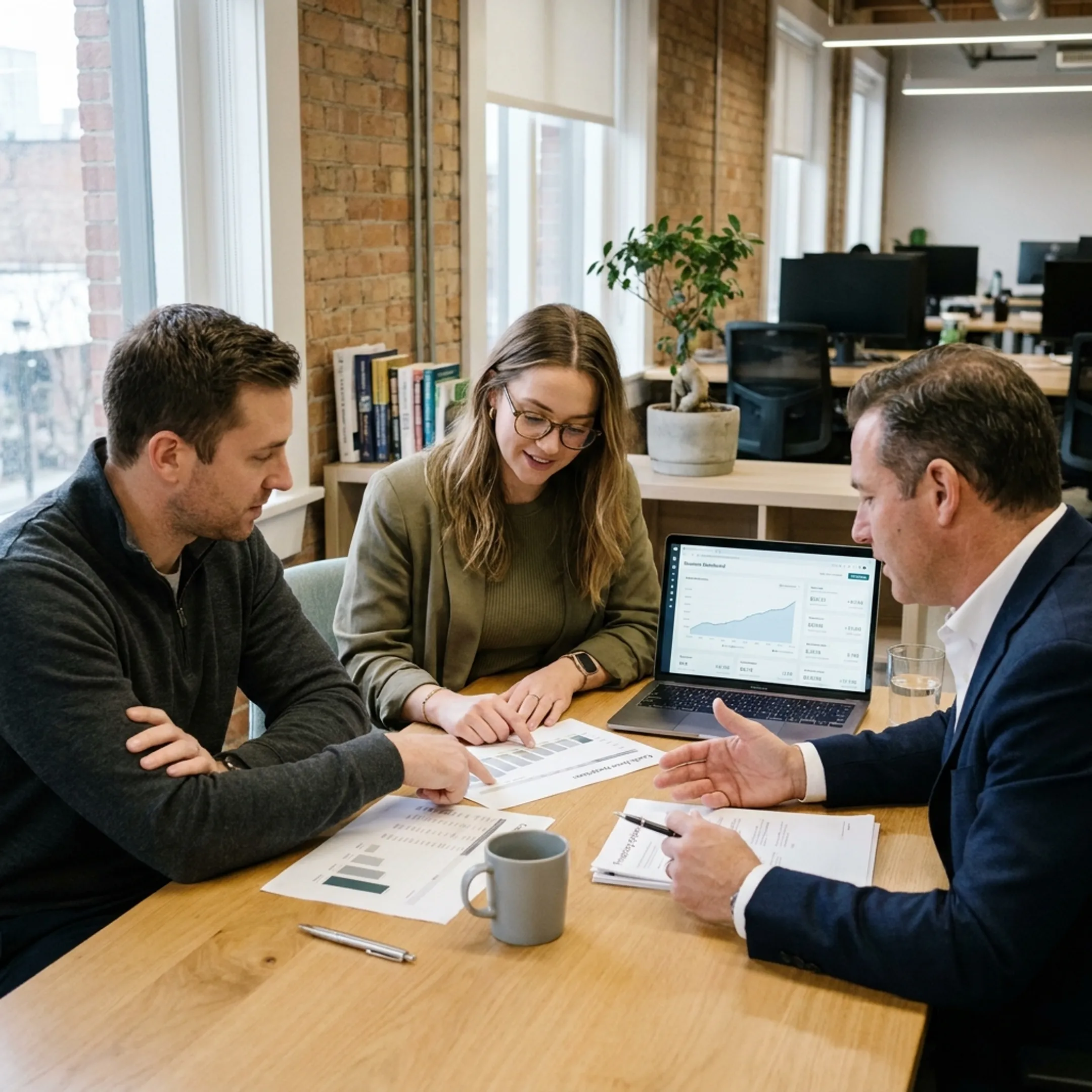 Technology founders discussing business financing with an advisor