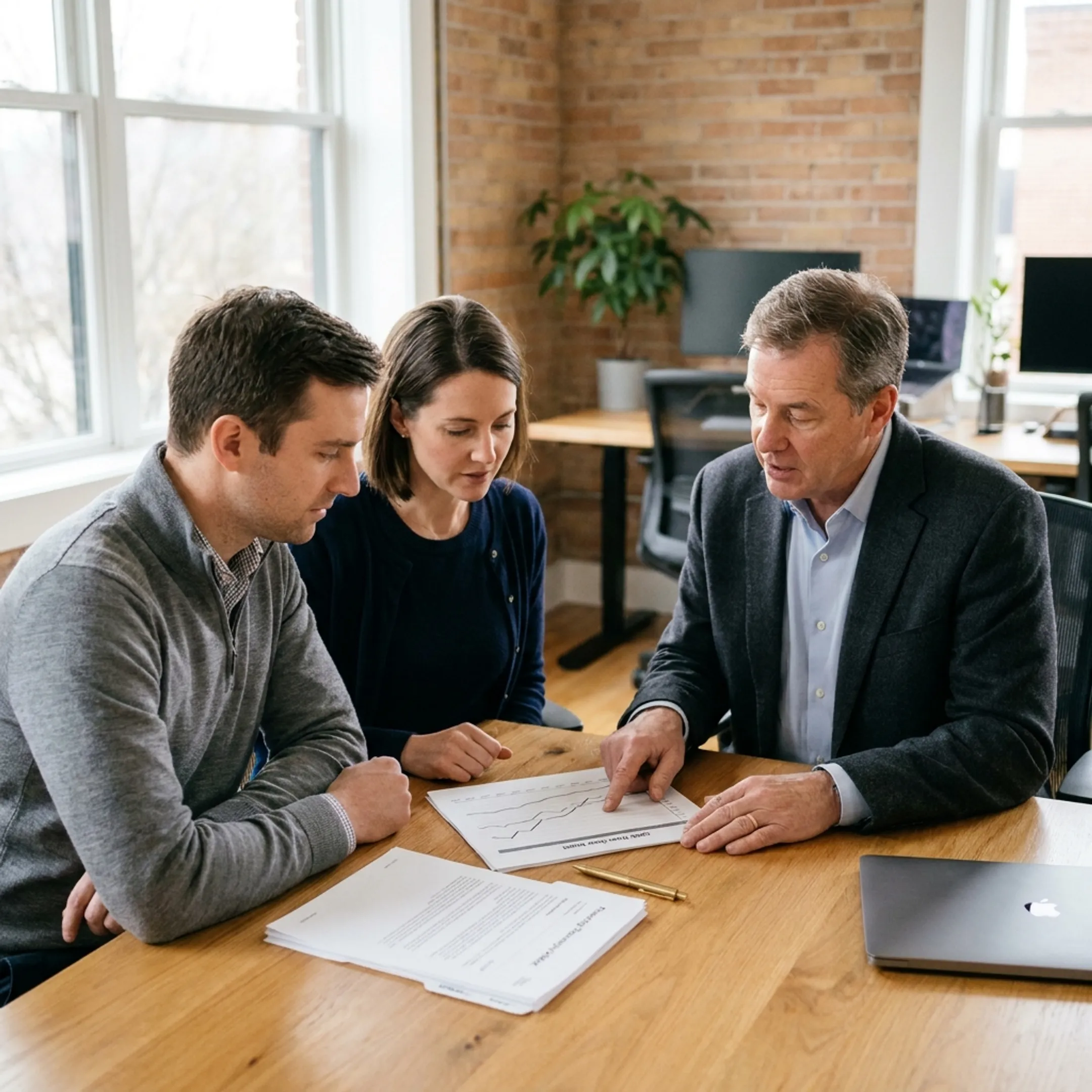 Technology business leaders reviewing financing plans in a modern office