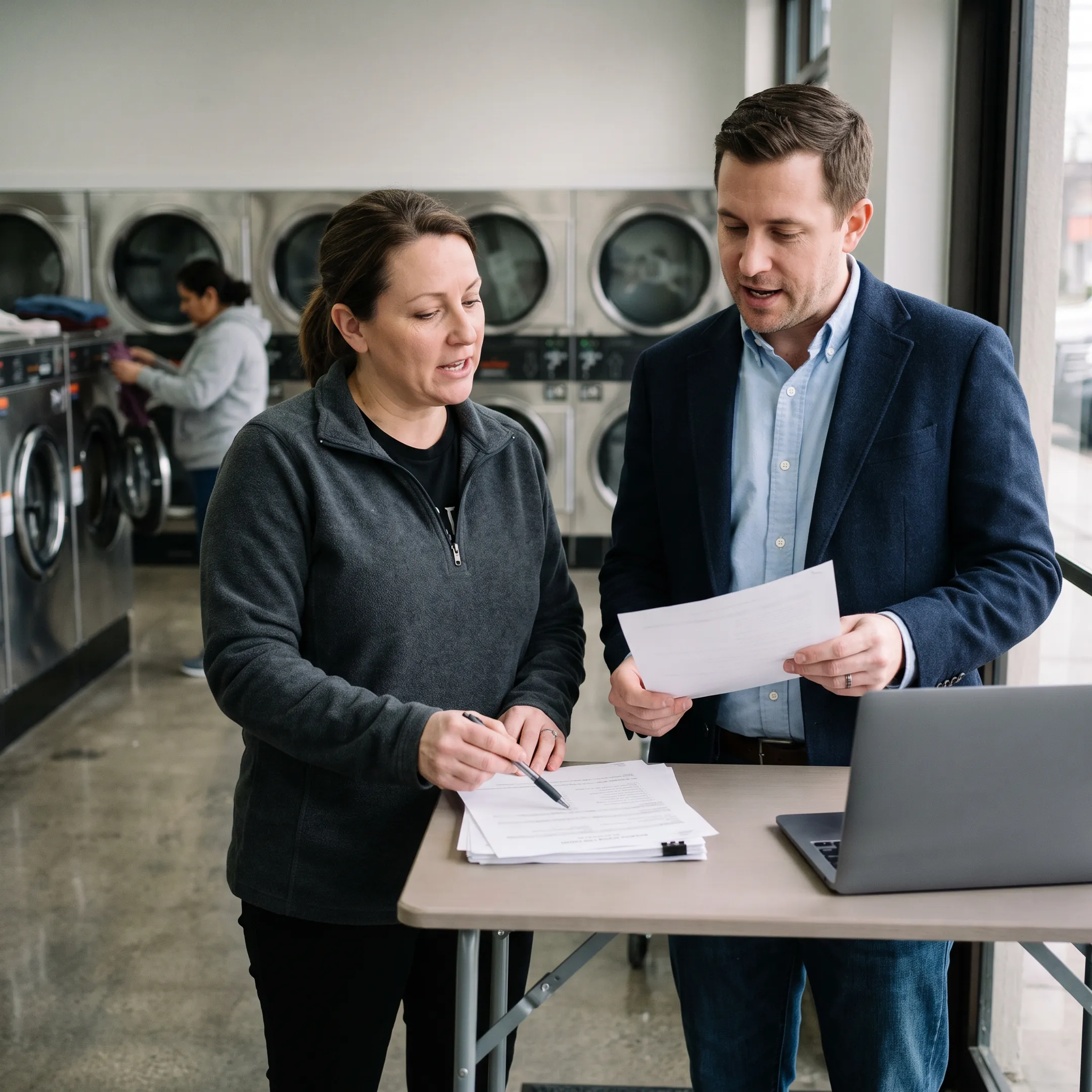 Laundromat owner reviewing financing documents beside commercial washing machines